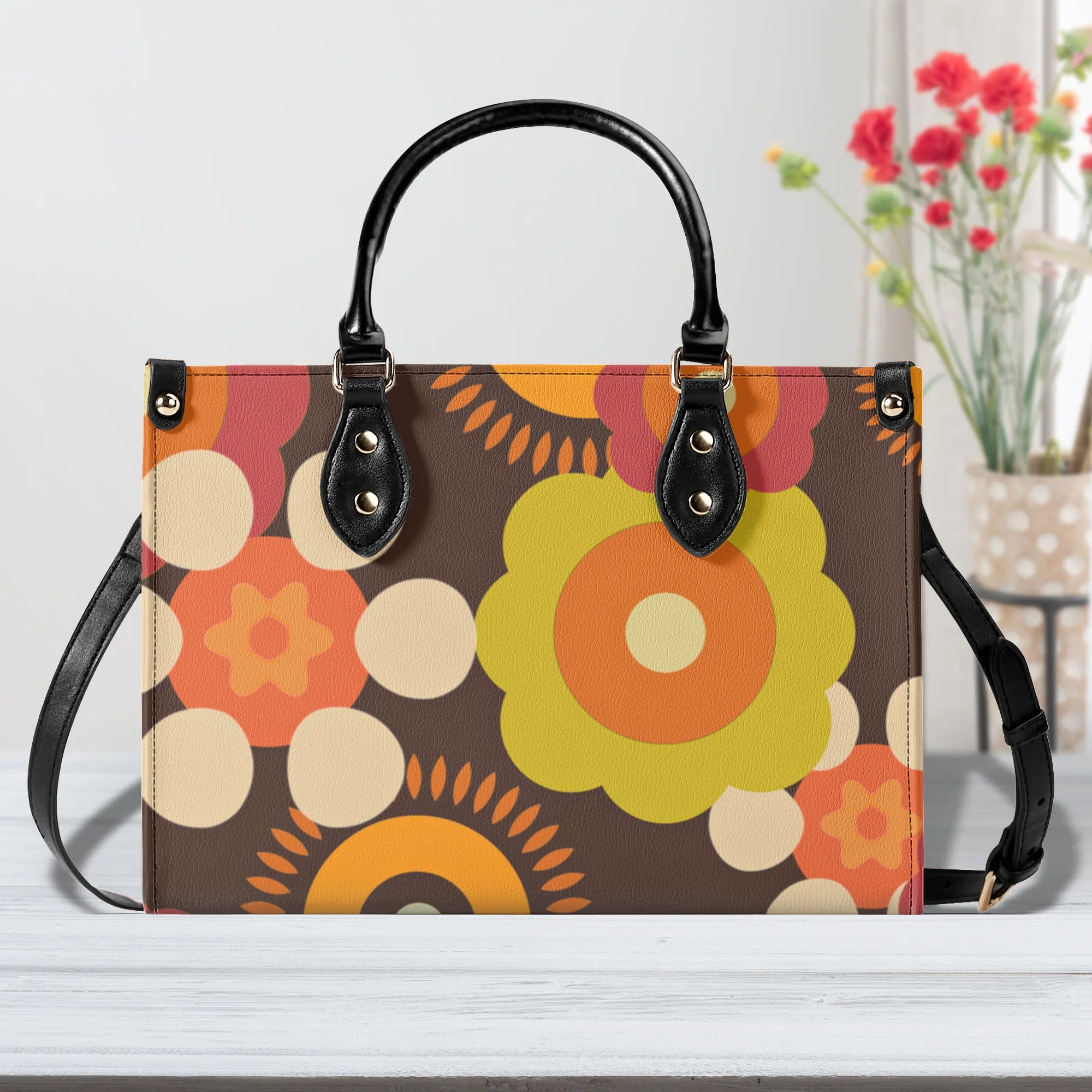 Flower Power 70s Groovy Brown, Orange Retro Womens PU Leather Handbag - Mid Century Modern Gal
