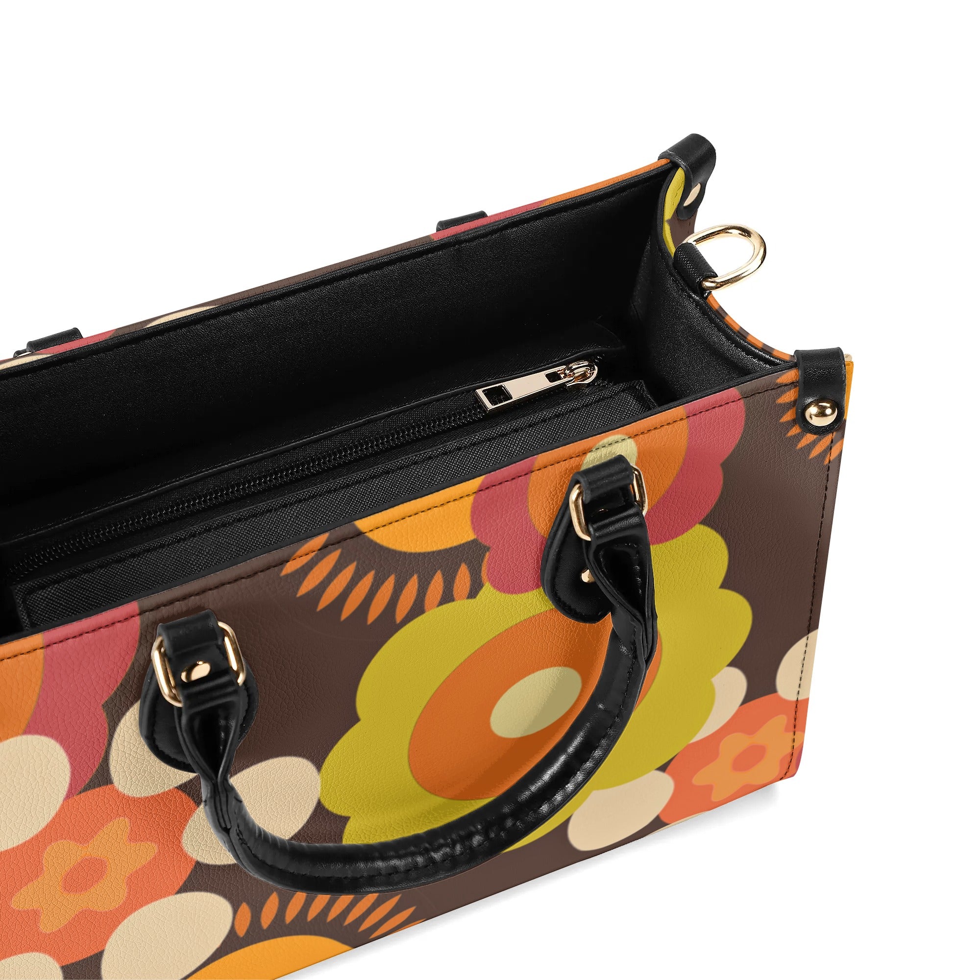 Flower Power 70s Groovy Brown, Orange Retro Womens PU Leather Handbag - Mid Century Modern Gal