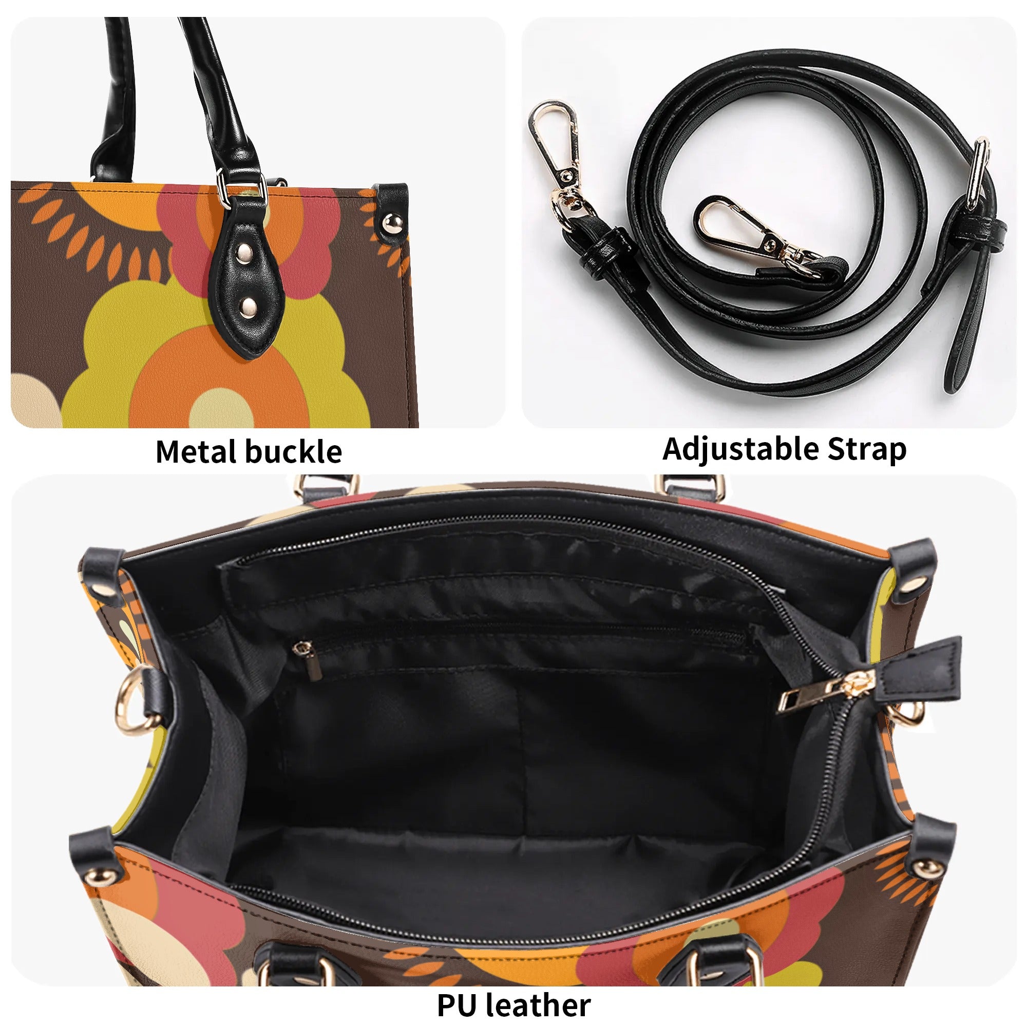Flower Power 70s Groovy Brown, Orange Retro Womens PU Leather Handbag - Mid Century Modern Gal