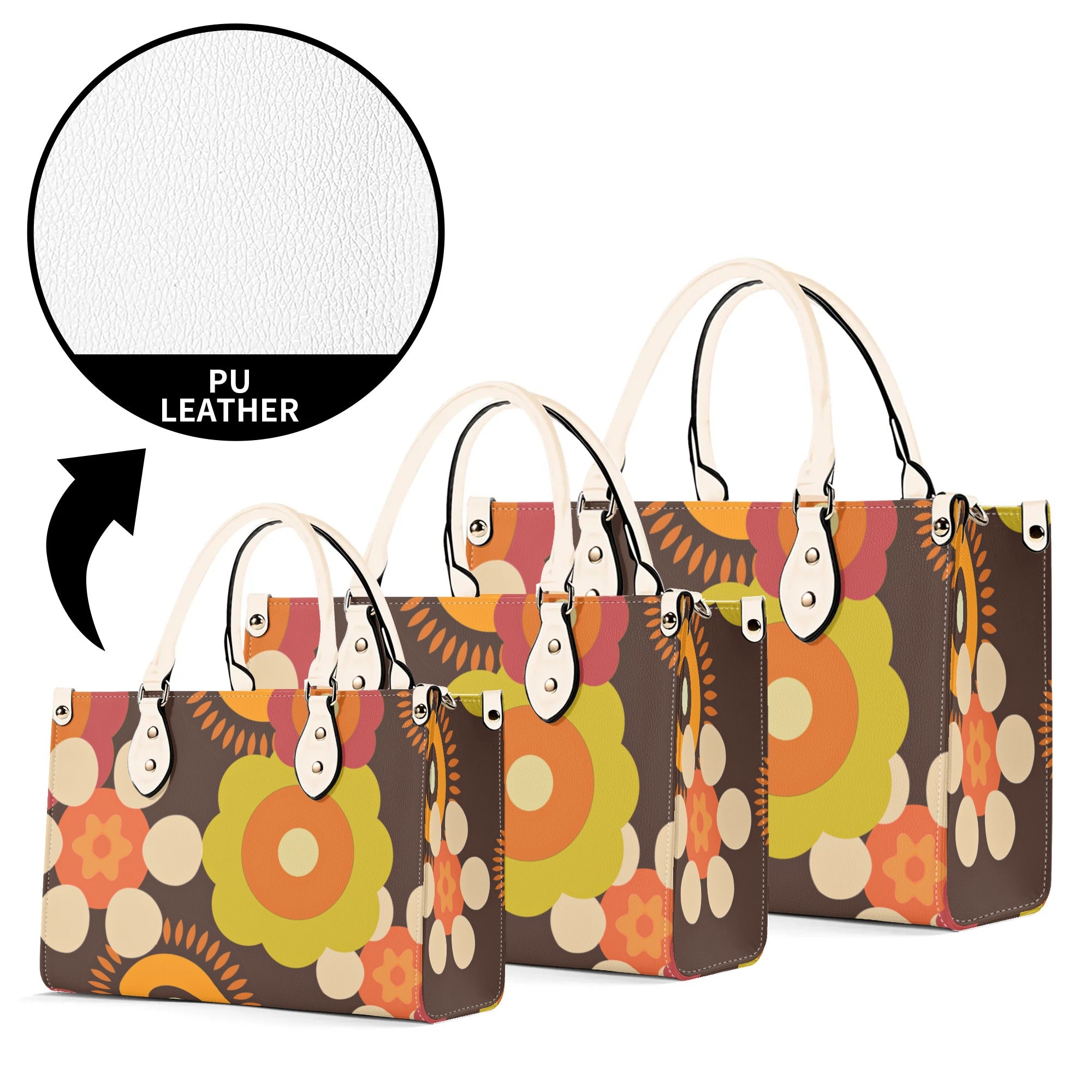 Flower Power 70s Groovy Brown, Orange Retro Womens PU Leather Handbag - Mid Century Modern Gal