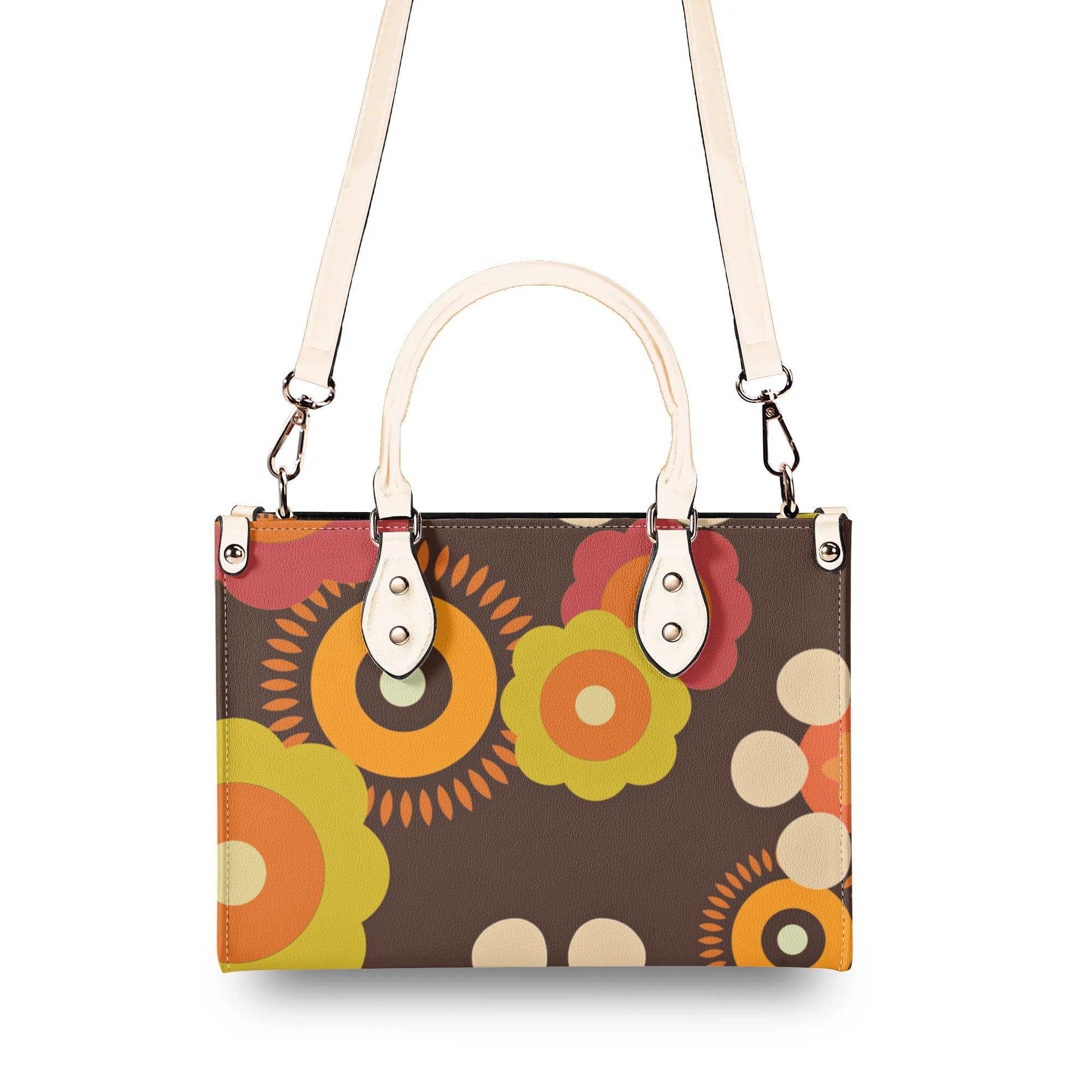 Flower Power 70s Groovy Brown, Orange Retro Womens PU Leather Handbag - Mid Century Modern Gal