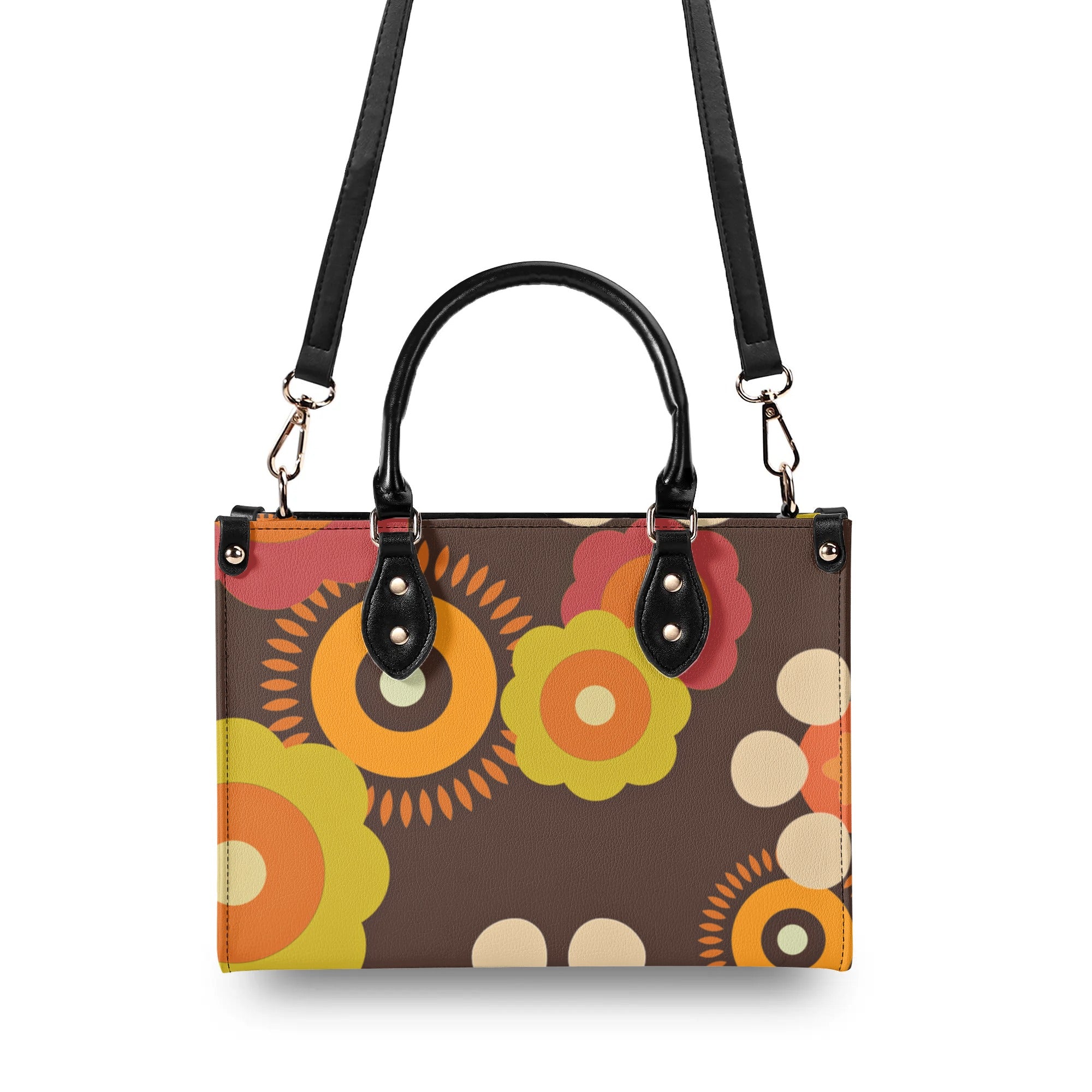 Flower Power 70s Groovy Brown, Orange Retro Womens PU Leather Handbag - Mid Century Modern Gal