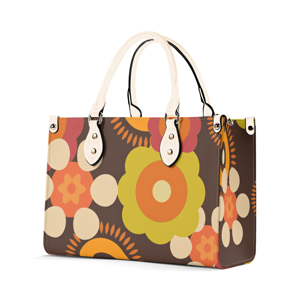 Flower Power 70s Groovy Brown, Orange Retro Womens PU Leather Handbag - Mid Century Modern Gal