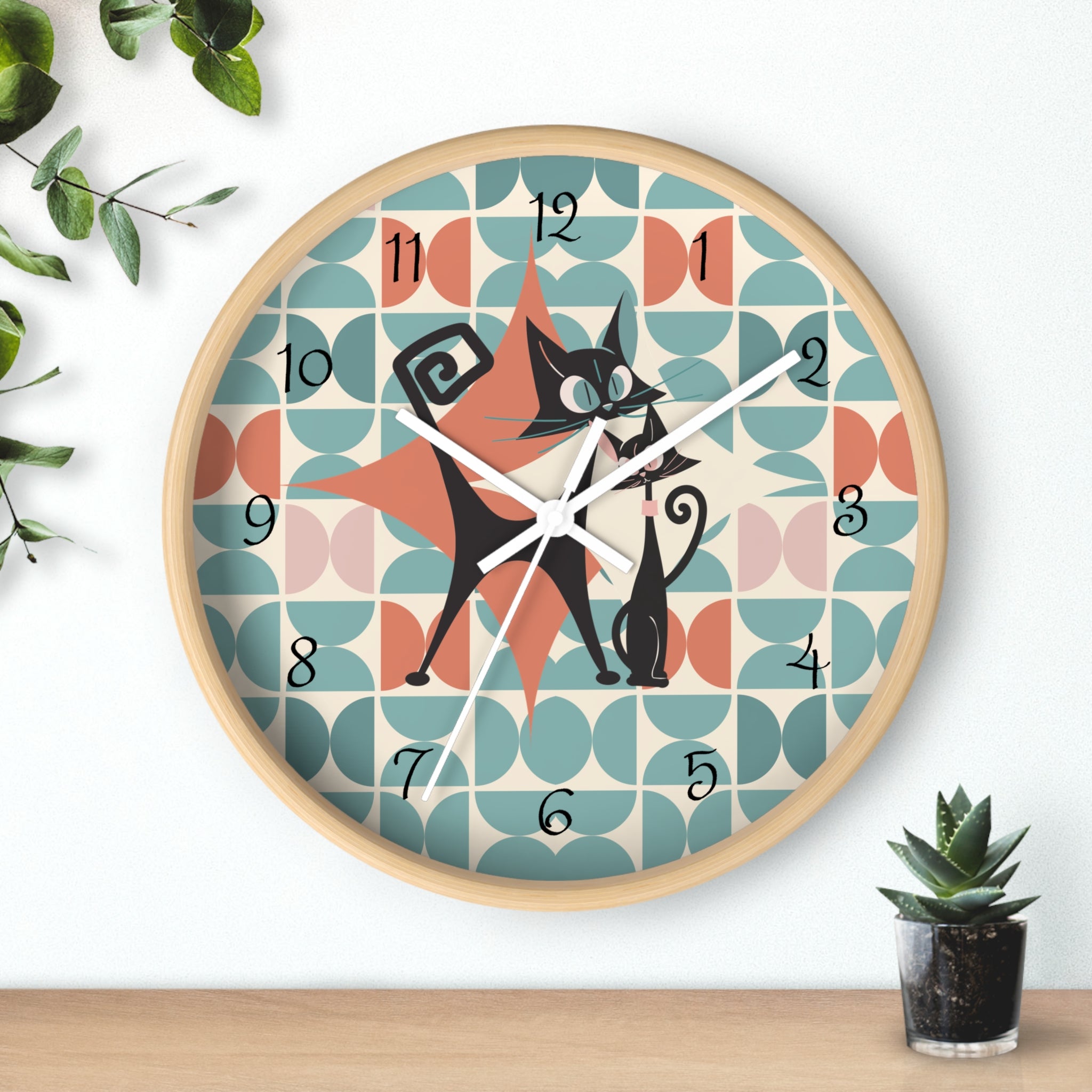 Kitchen Clock, Atomic Cat Retro Mid Century Modern Style With Scandinavian Designed Geometric Shapes, 50s Wall Clock For Cat Lovers - Mid Century Modern Gal