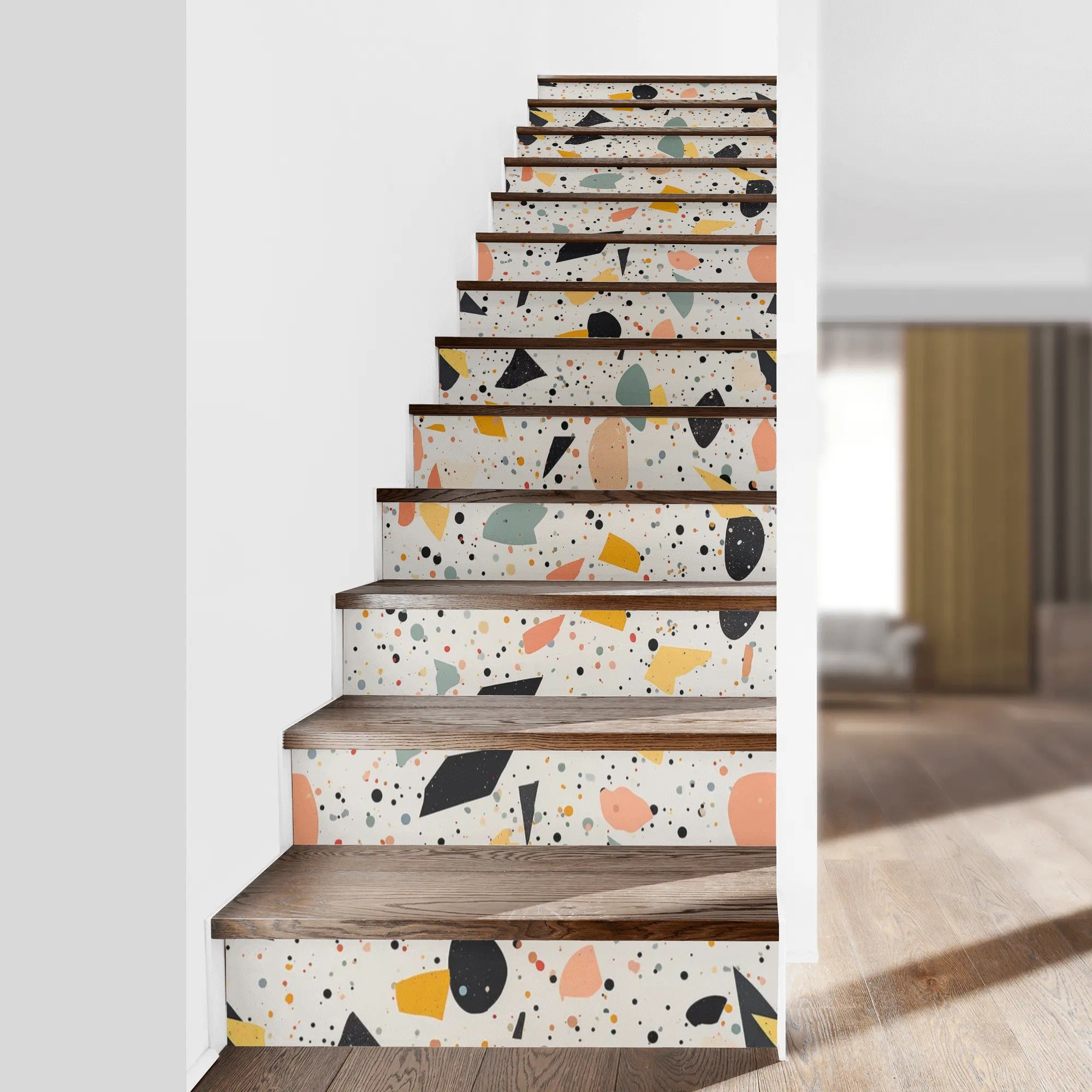 Mid Century Modern Terrazzo Pattern, Retro 13Pcs Stairs Stickers - Mid Century Modern Gal