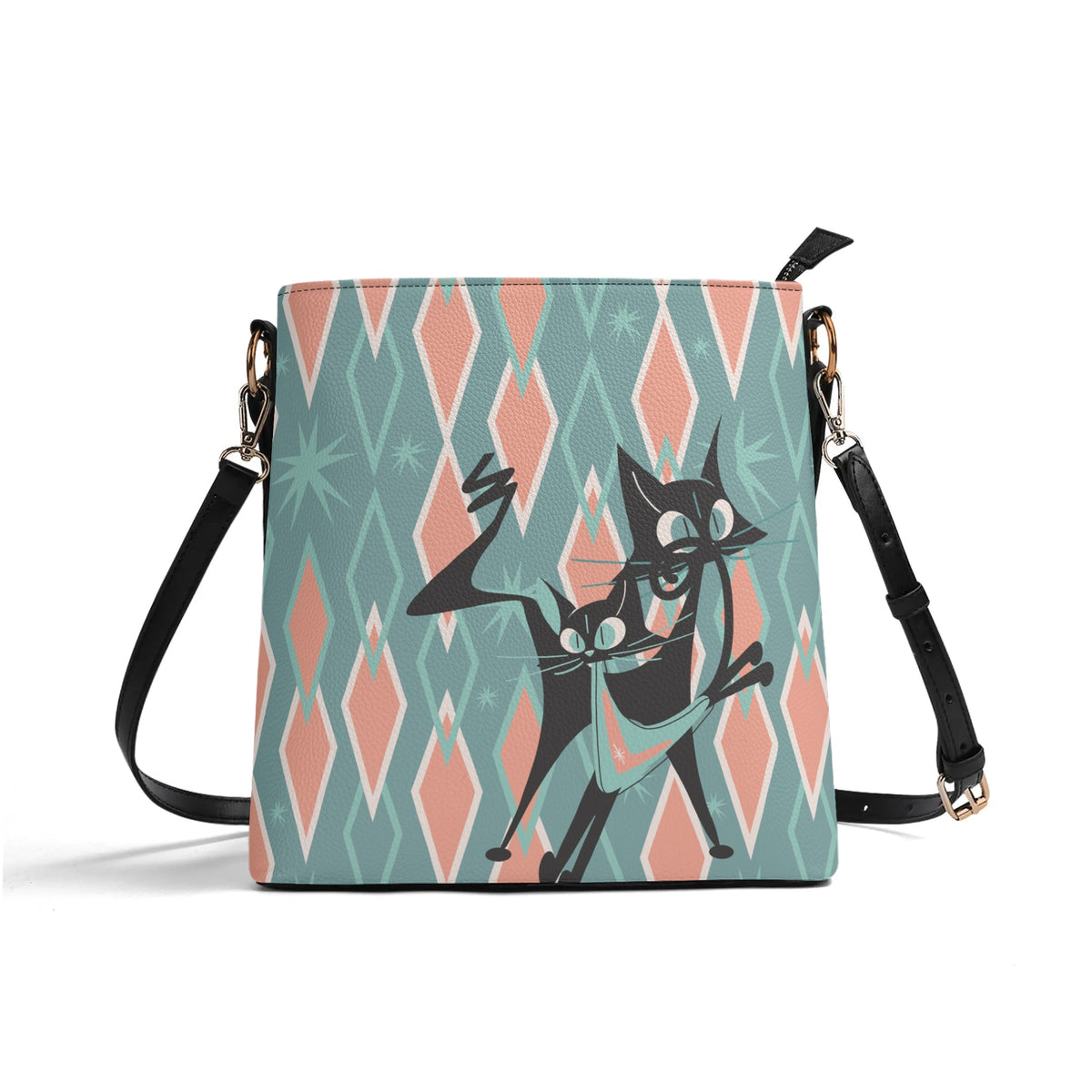 Mid Mod Atomic Cat, Kitschy Retro Bucket Bag Shoulder Bag - Mid Century Modern Gal