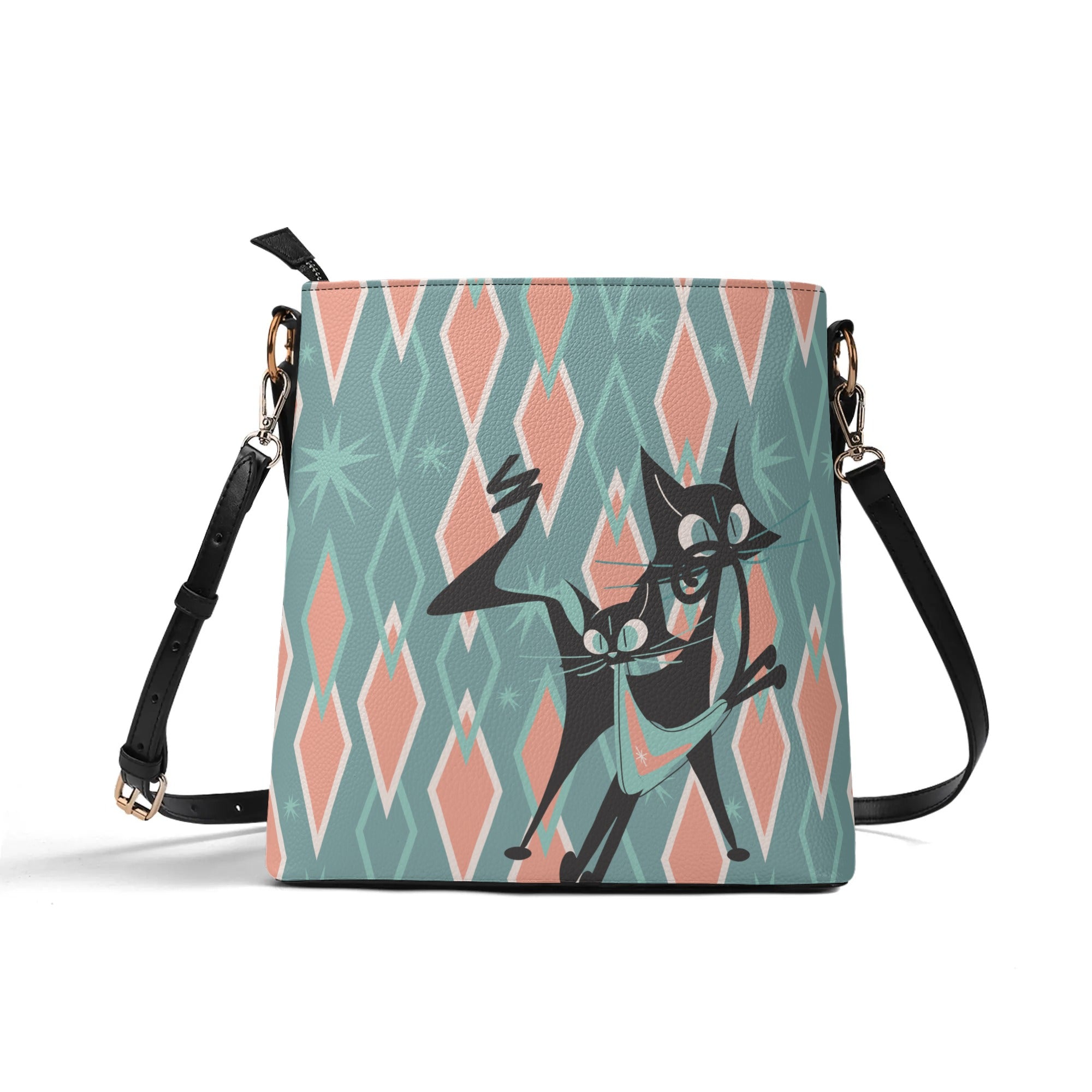 Mid Mod Atomic Cat, Kitschy Retro Bucket Bag Shoulder Bag - Mid Century Modern Gal