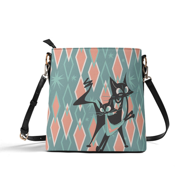 Mid Mod Atomic Cat, Kitschy Retro Bucket Bag Shoulder Bag