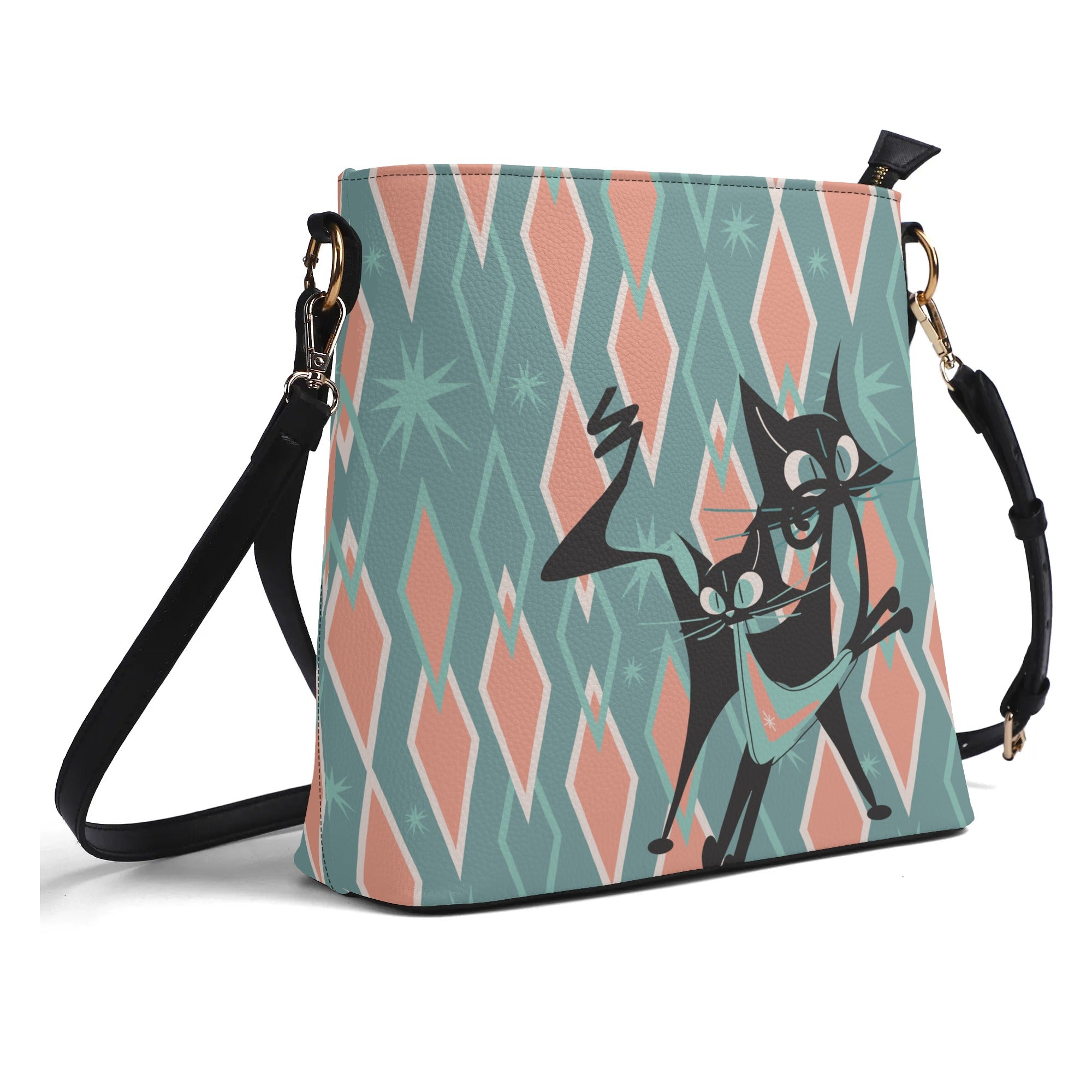 Mid Mod Atomic Cat, Kitschy Retro Bucket Bag Shoulder Bag - Mid Century Modern Gal