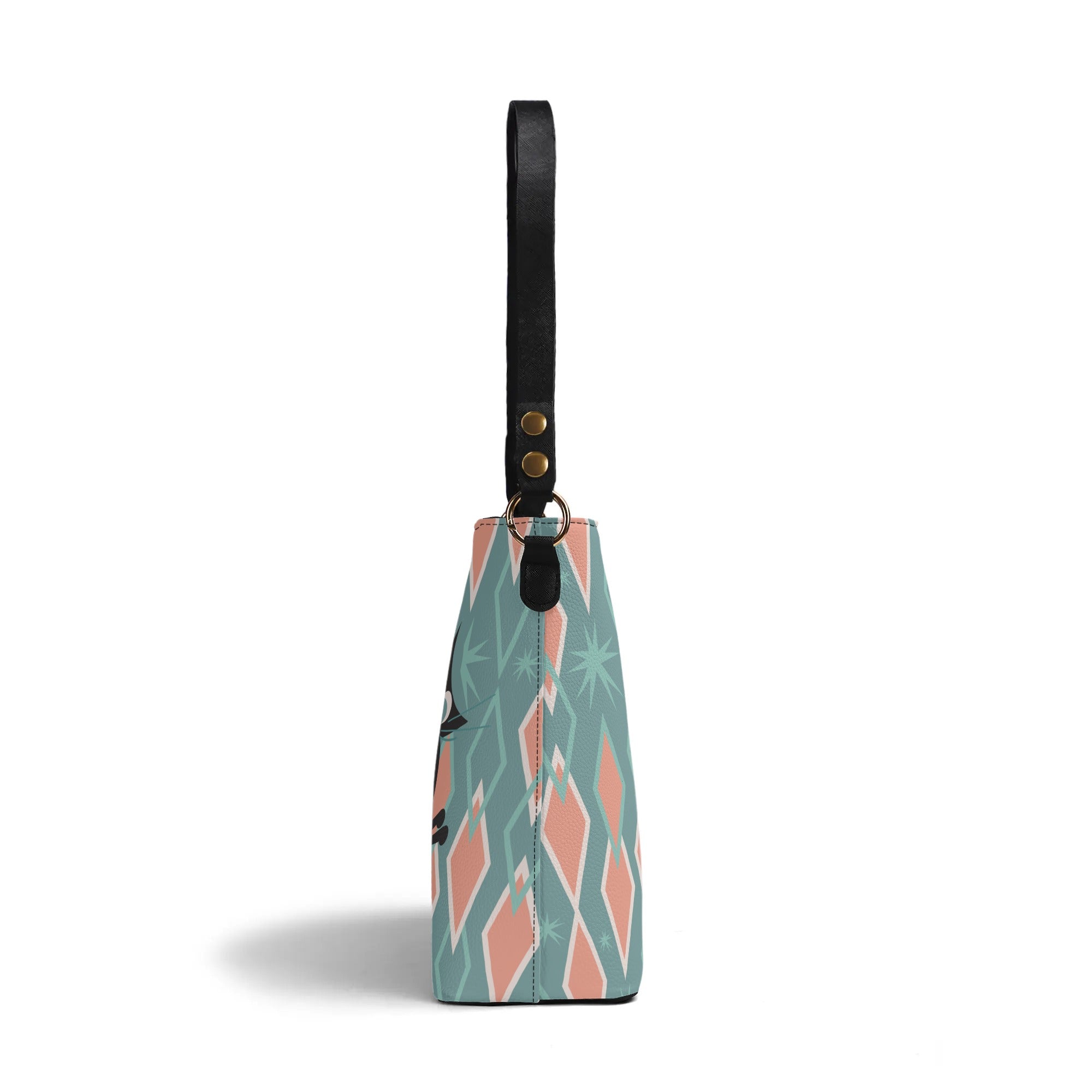 Mid Mod Atomic Cat, Kitschy Retro Bucket Bag Shoulder Bag - Mid Century Modern Gal