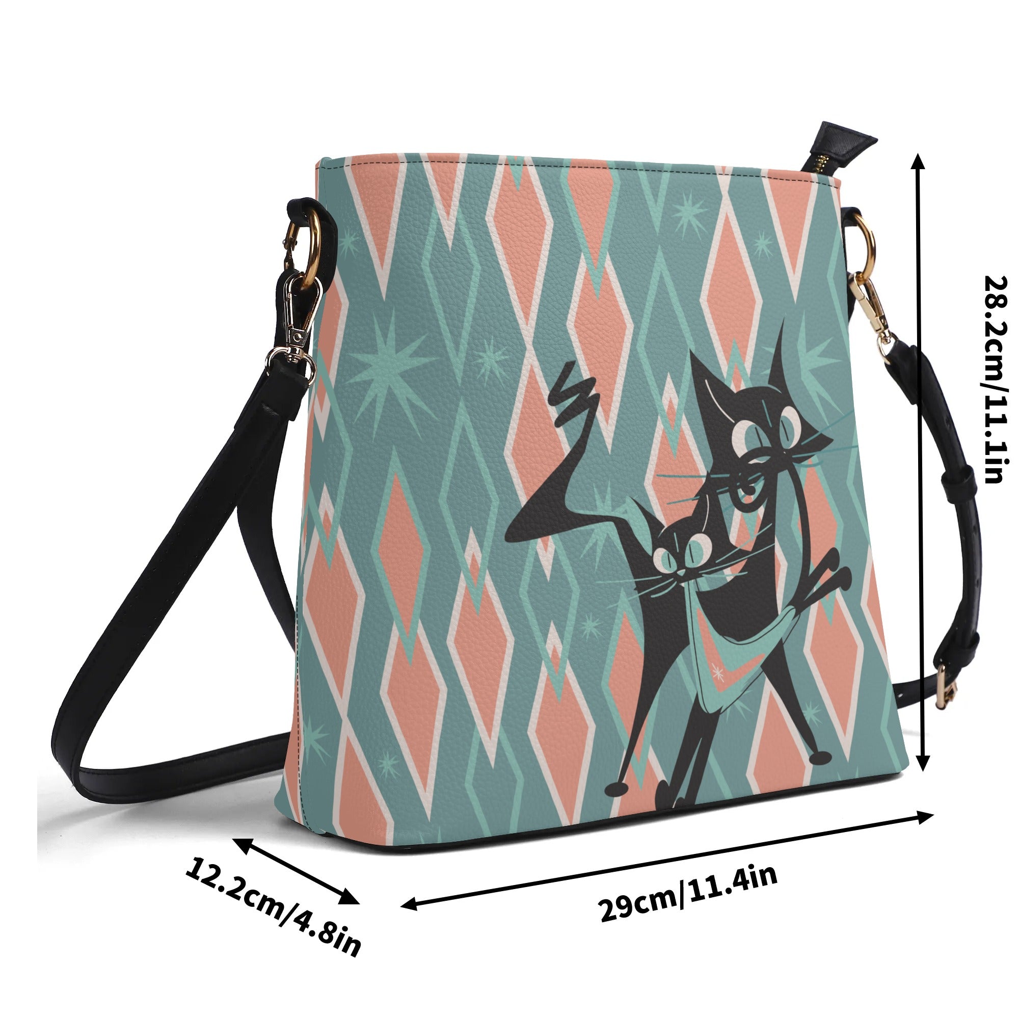Mid Mod Atomic Cat, Kitschy Retro Bucket Bag Shoulder Bag - Mid Century Modern Gal