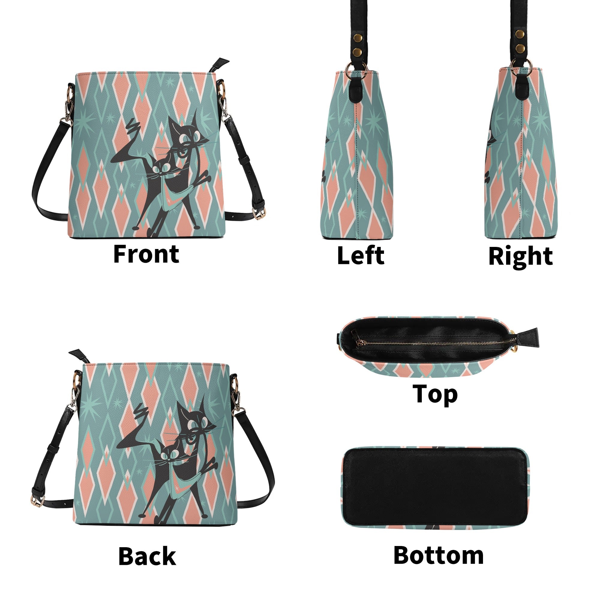 Mid Mod Atomic Cat, Kitschy Retro Bucket Bag Shoulder Bag - Mid Century Modern Gal