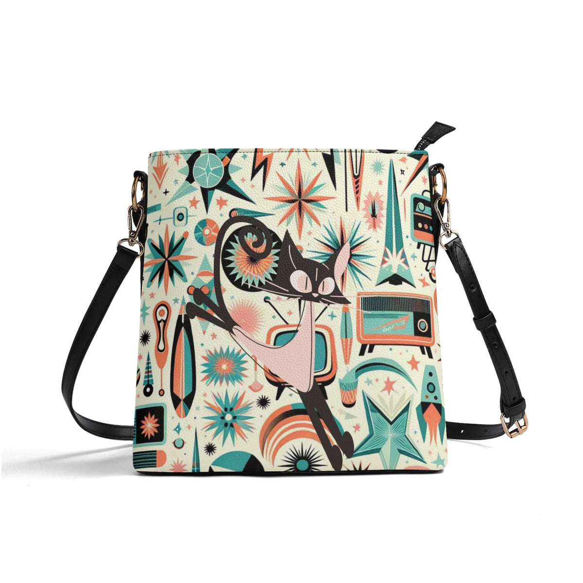 Atomic Cat, Space Cat Mid Century Modern Kitschy Retro Bucket Bag, Shoulder Bag - Mid Century Modern Gal