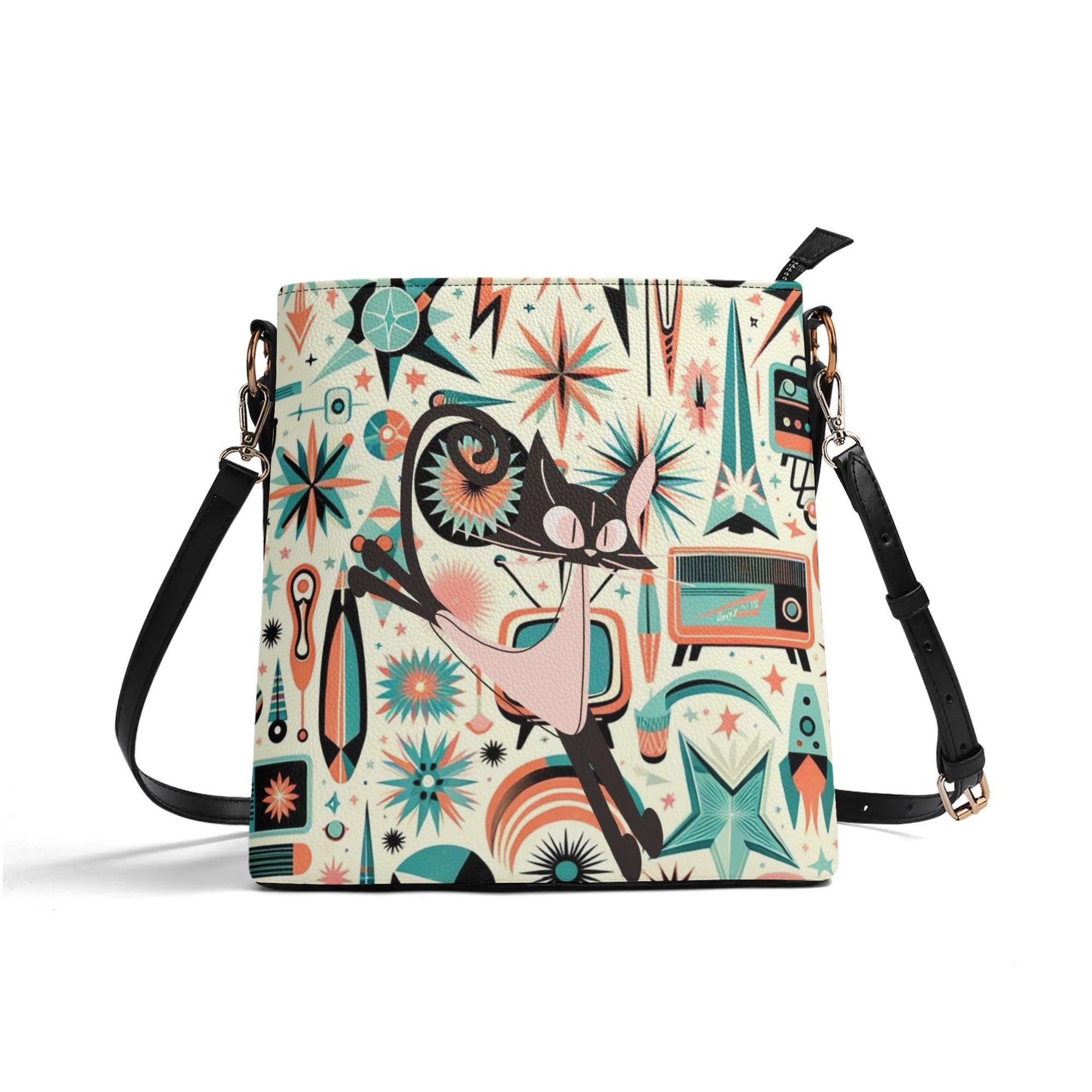 Atomic Cat, Space Cat Mid Century Modern Kitschy Retro Bucket Bag, Shoulder Bag - Mid Century Modern Gal