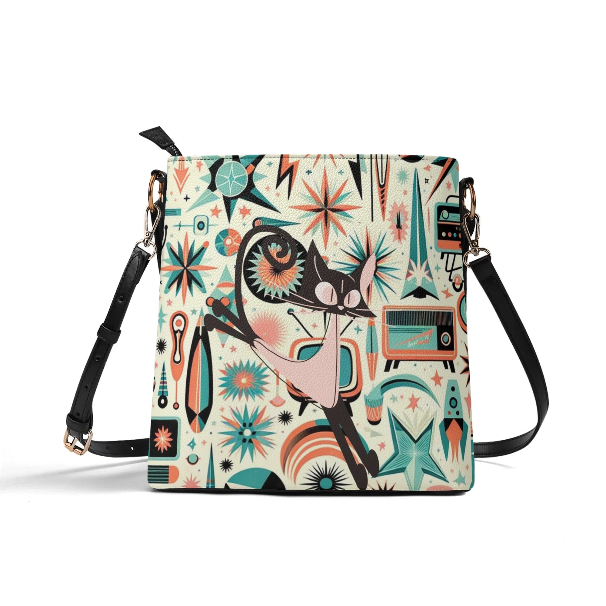 Atomic Cat, Space Cat Mid Century Modern Kitschy Retro Bucket Bag, Shoulder Bag - Mid Century Modern Gal
