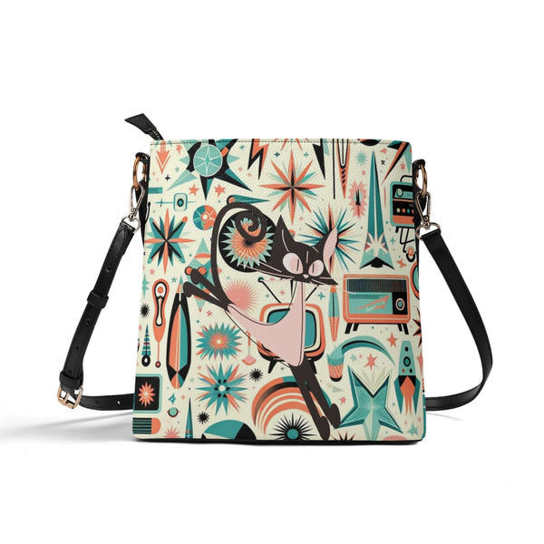 Atomic Cat, Space Cat Mid Century Modern Kitschy Retro Bucket Bag, Shoulder Bag