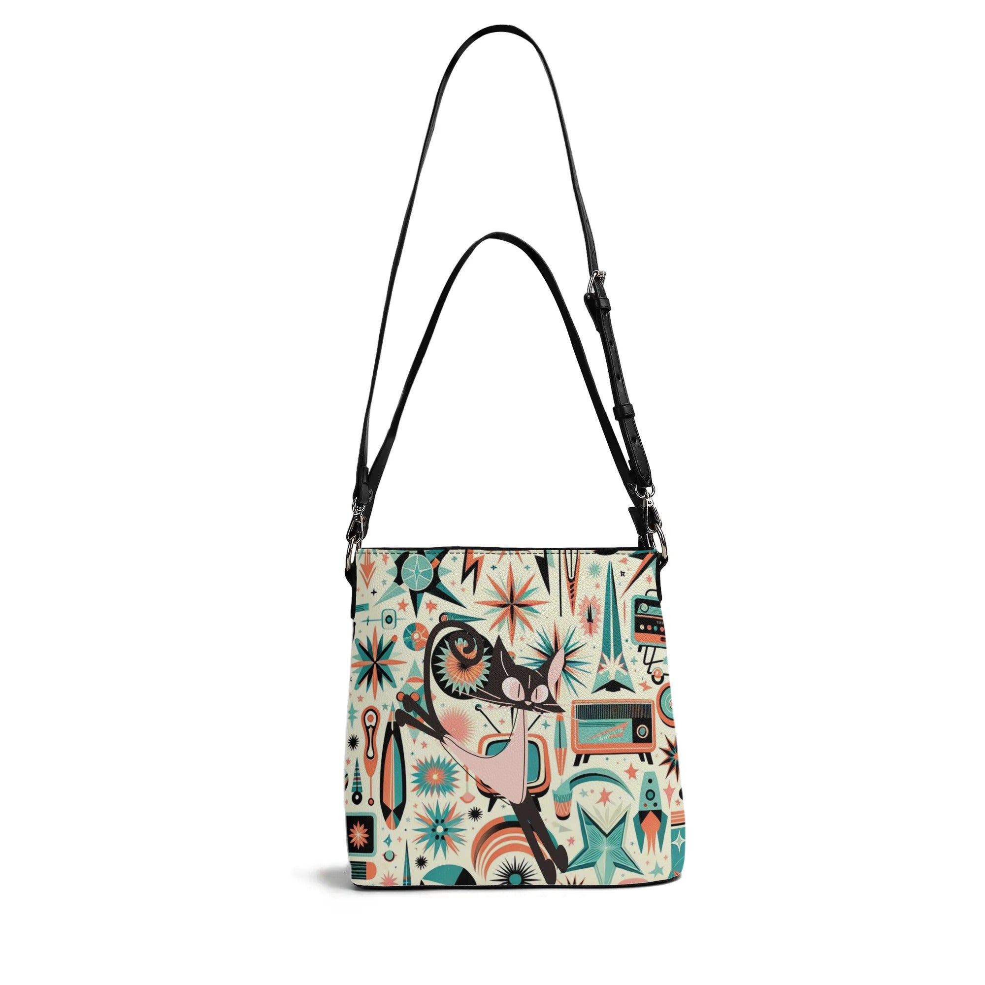Atomic Cat, Space Cat Mid Century Modern Kitschy Retro Bucket Bag, Shoulder Bag - Mid Century Modern Gal