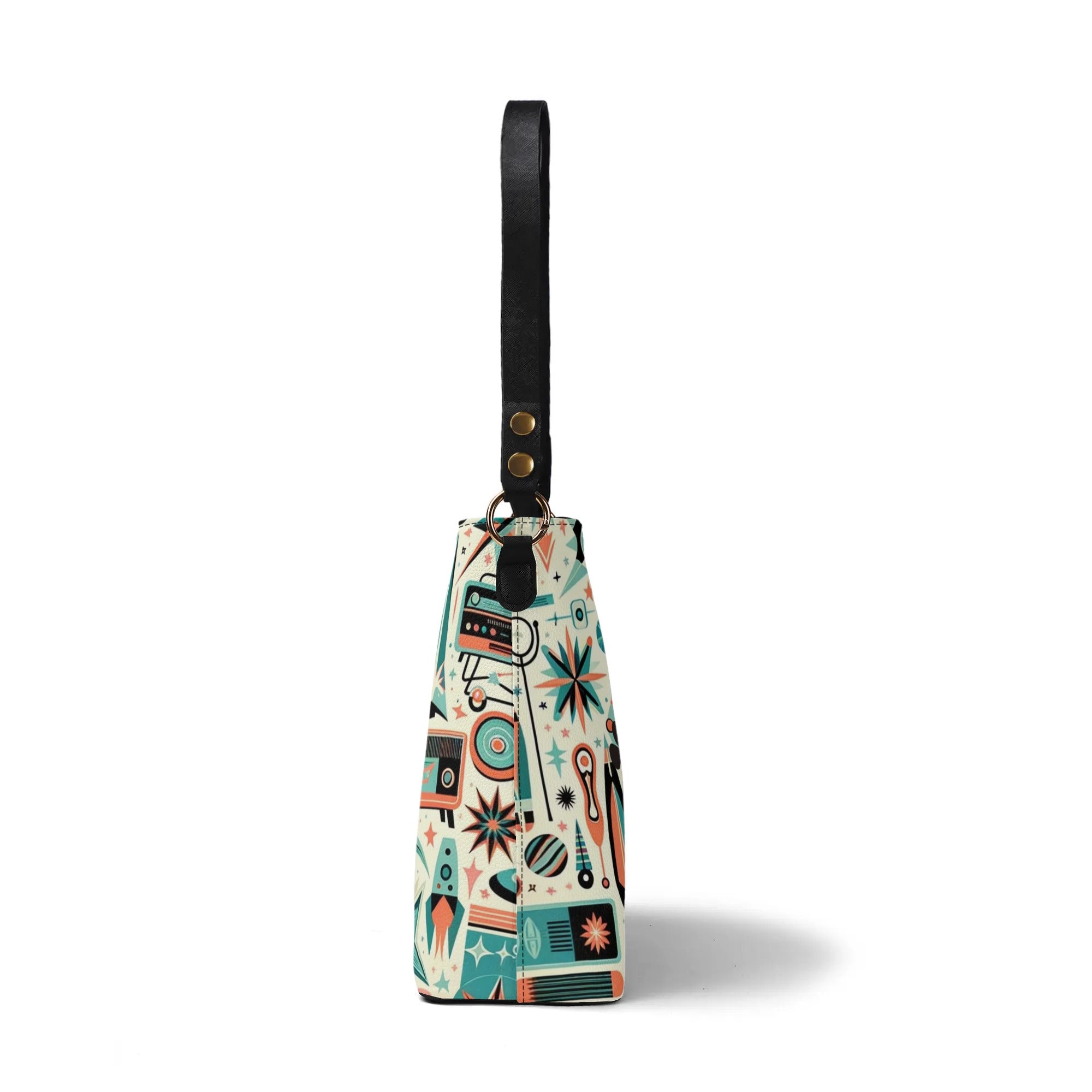 Atomic Cat, Space Cat Mid Century Modern Kitschy Retro Bucket Bag, Shoulder Bag - Mid Century Modern Gal