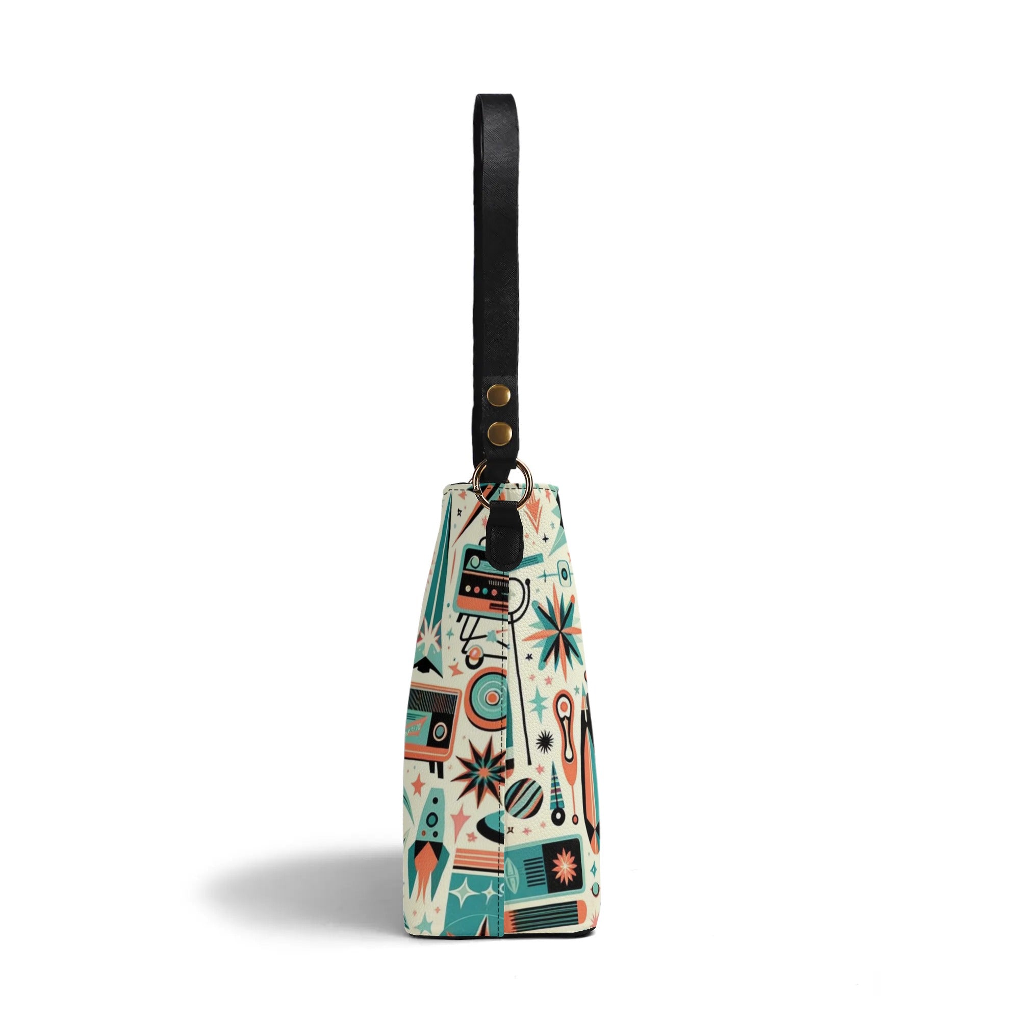 Atomic Cat, Space Cat Mid Century Modern Kitschy Retro Bucket Bag, Shoulder Bag - Mid Century Modern Gal