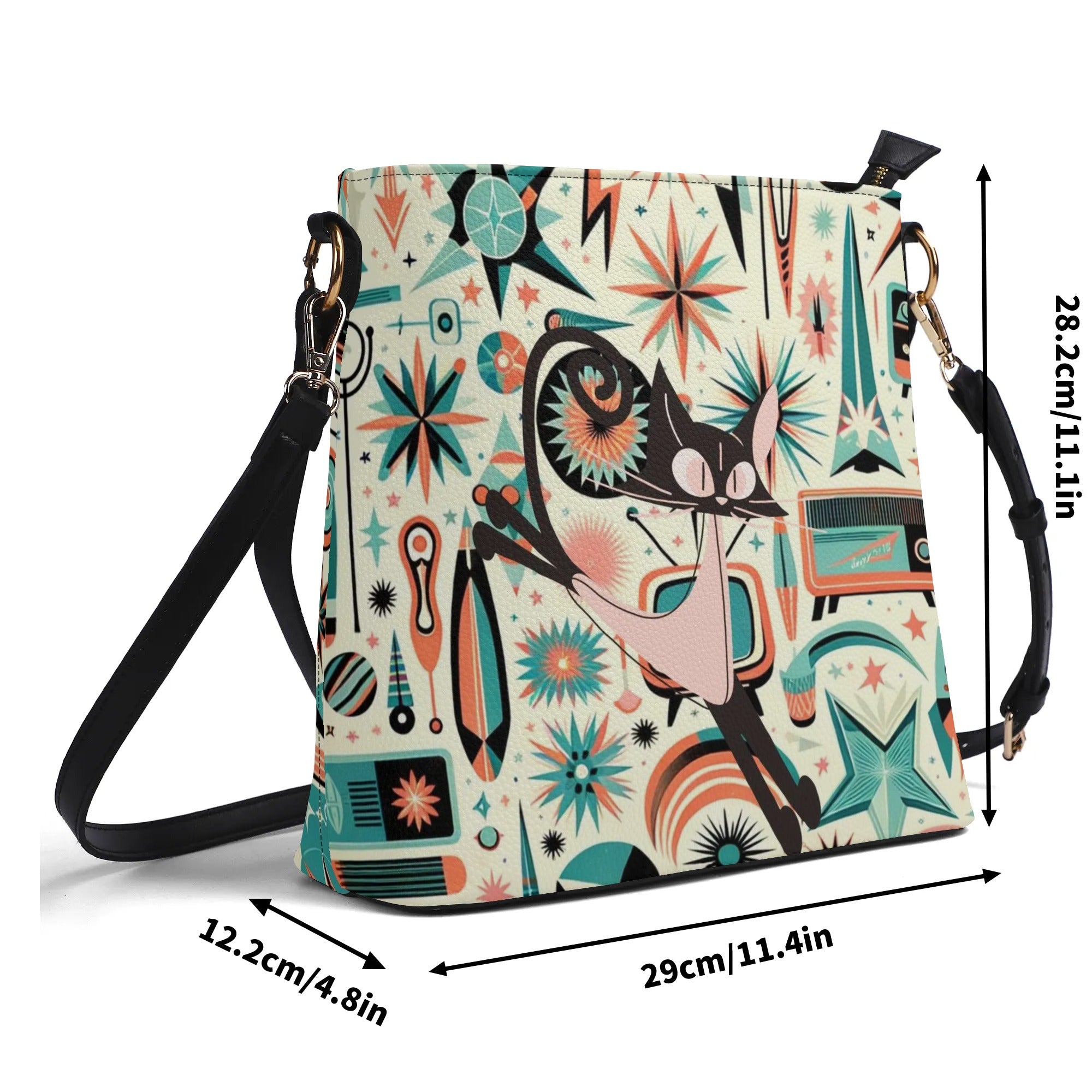 Atomic Cat, Space Cat Mid Century Modern Kitschy Retro Bucket Bag, Shoulder Bag - Mid Century Modern Gal