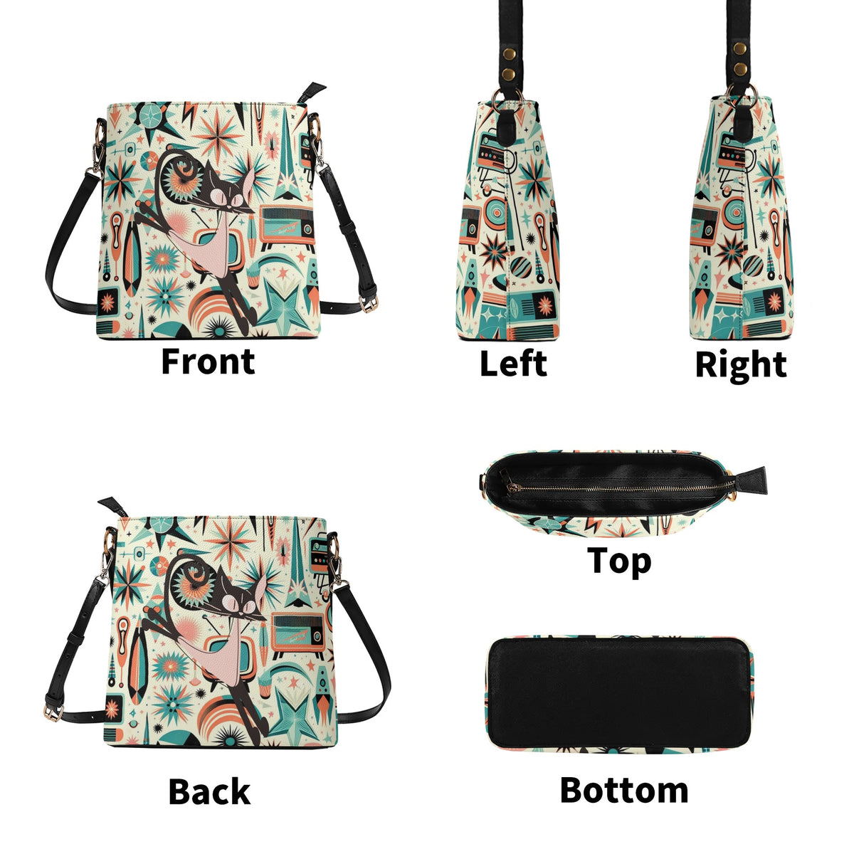 Atomic Cat, Space Cat Mid Century Modern Kitschy Retro Bucket Bag, Shoulder Bag - Mid Century Modern Gal