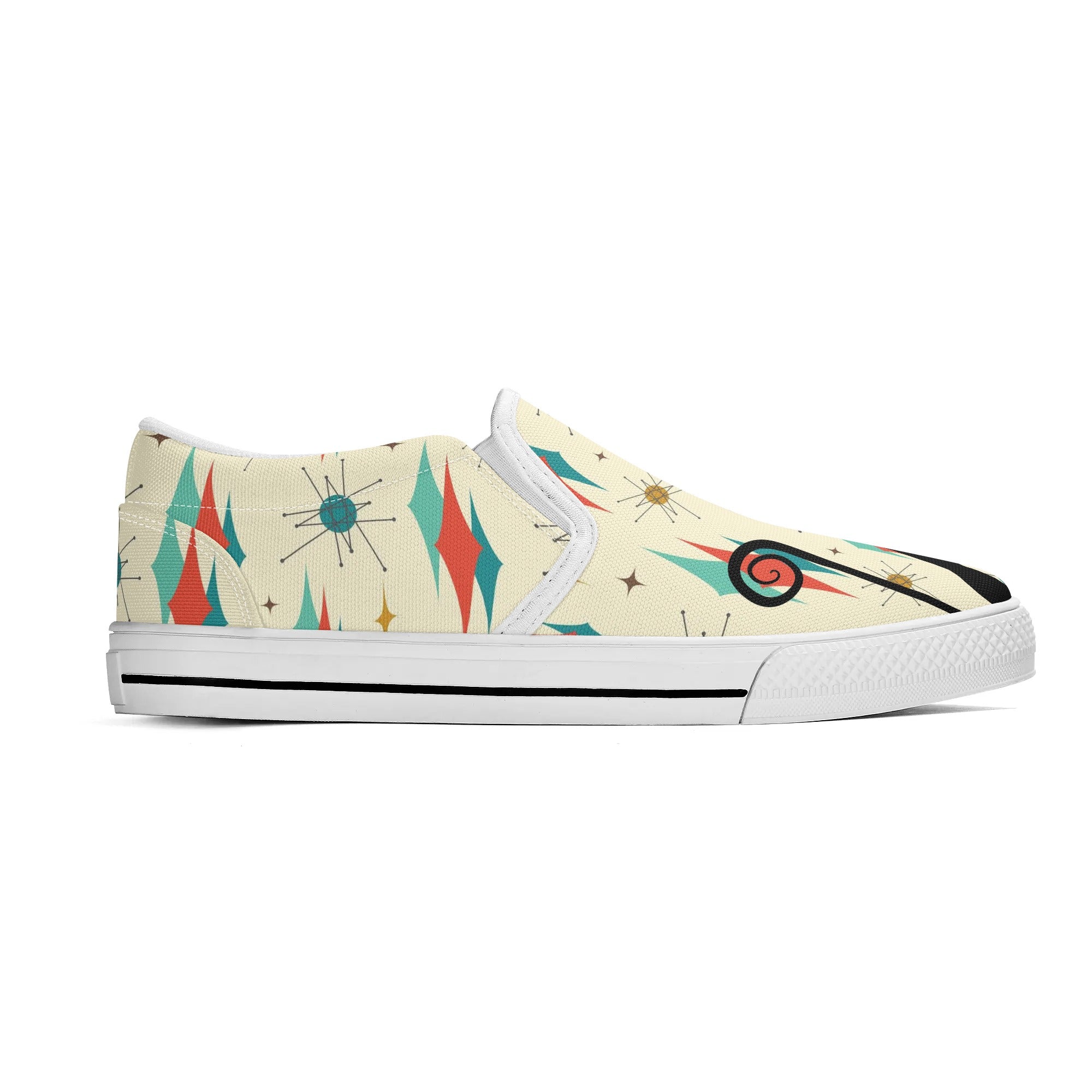 Atomic Cat Mid Mod Franciscan Pattern Kitschy Kicks, WomensSlip On Shoes - Mid Century Modern Gal
