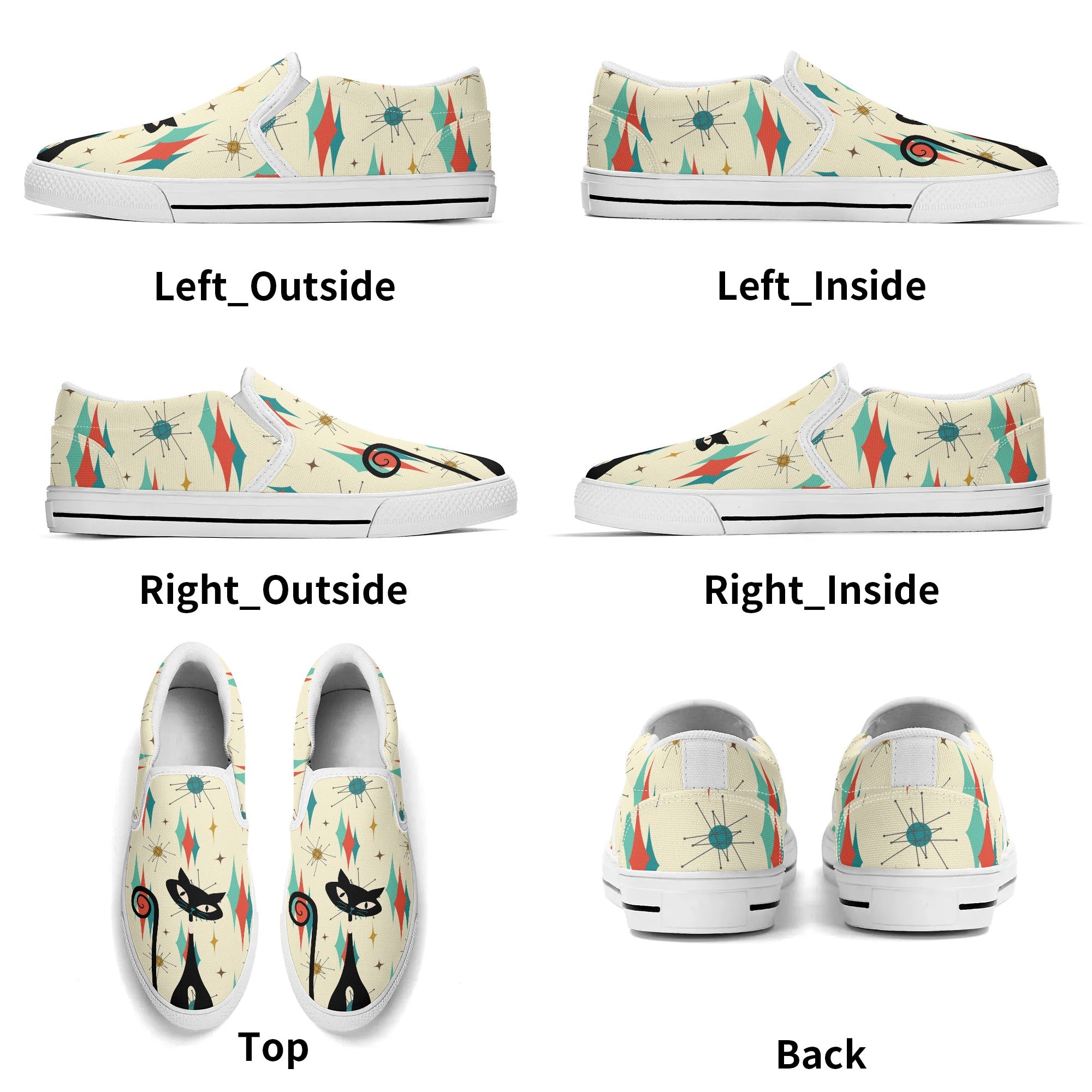 Atomic Cat Mid Mod Franciscan Pattern Kitschy Kicks, WomensSlip On Shoes - Mid Century Modern Gal