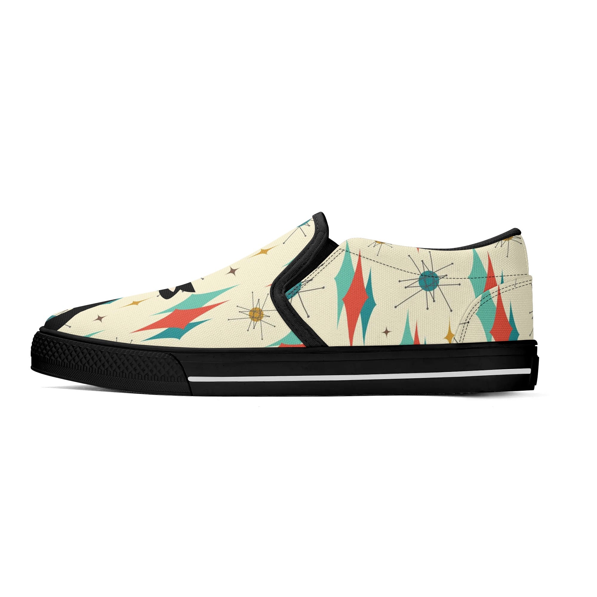 Atomic Cat Mid Mod Franciscan Pattern Kitschy Kicks, WomensSlip On Shoes - Mid Century Modern Gal
