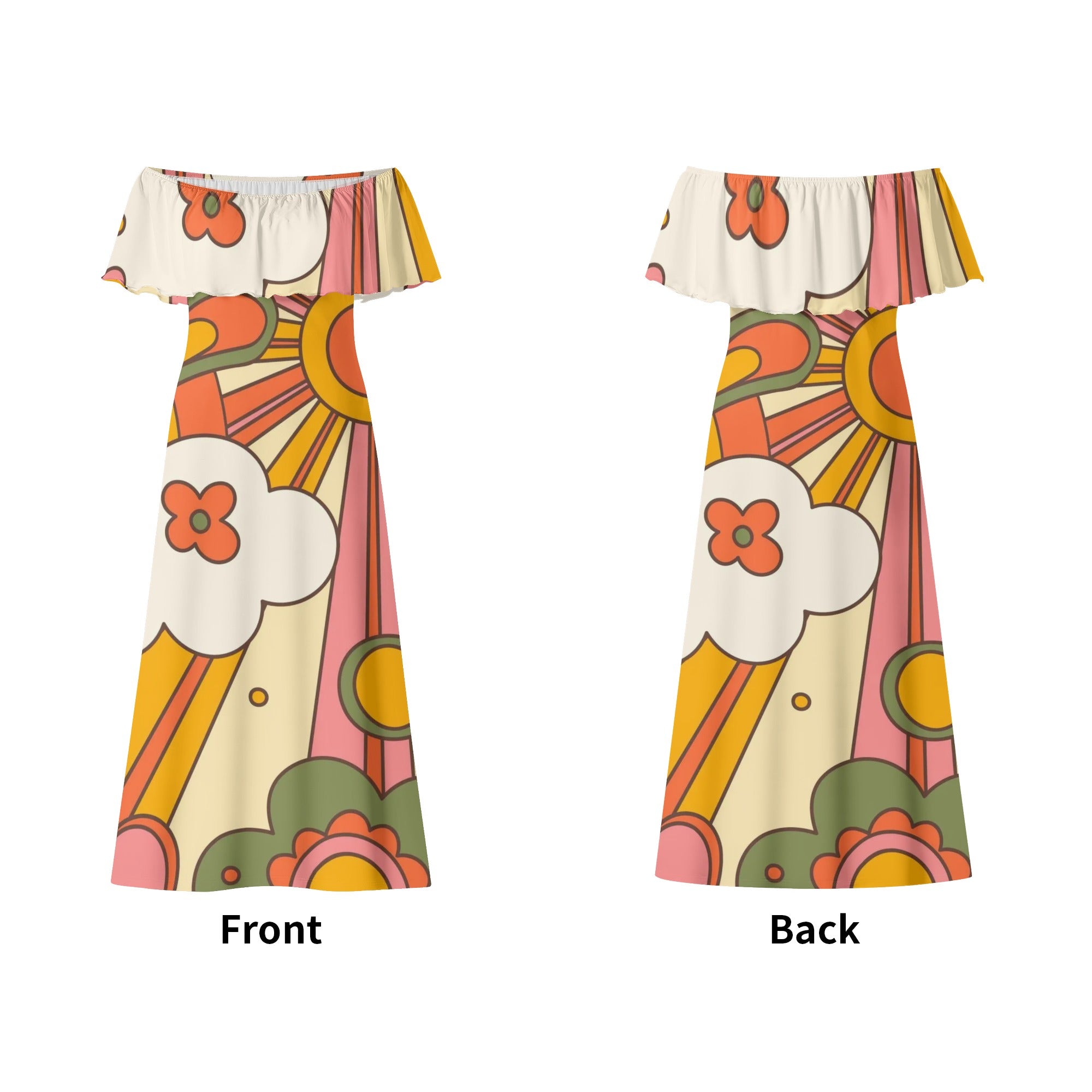 70s Groovy Sun Hippie Dress Womens Off The Shoulder Wrap Long Dress - Mid Century Modern Gal