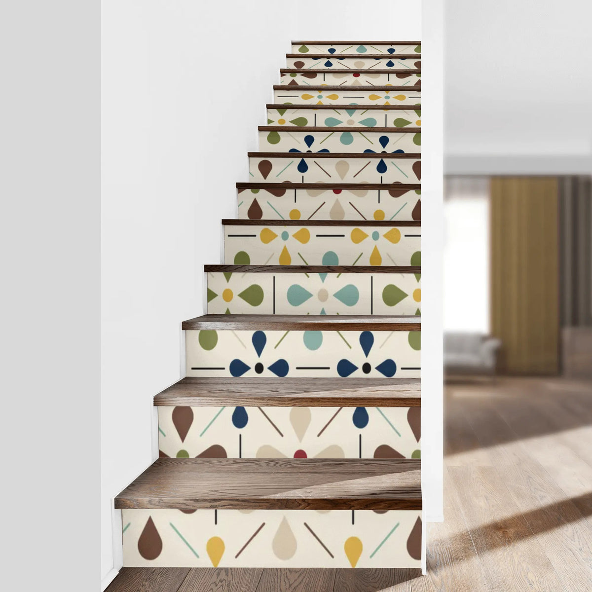 Mid Century Modern Scandinvian Floral Stair Decal Riser Peel And Stick 13Pcs Stairs Stickers - Mid Century Modern Gal