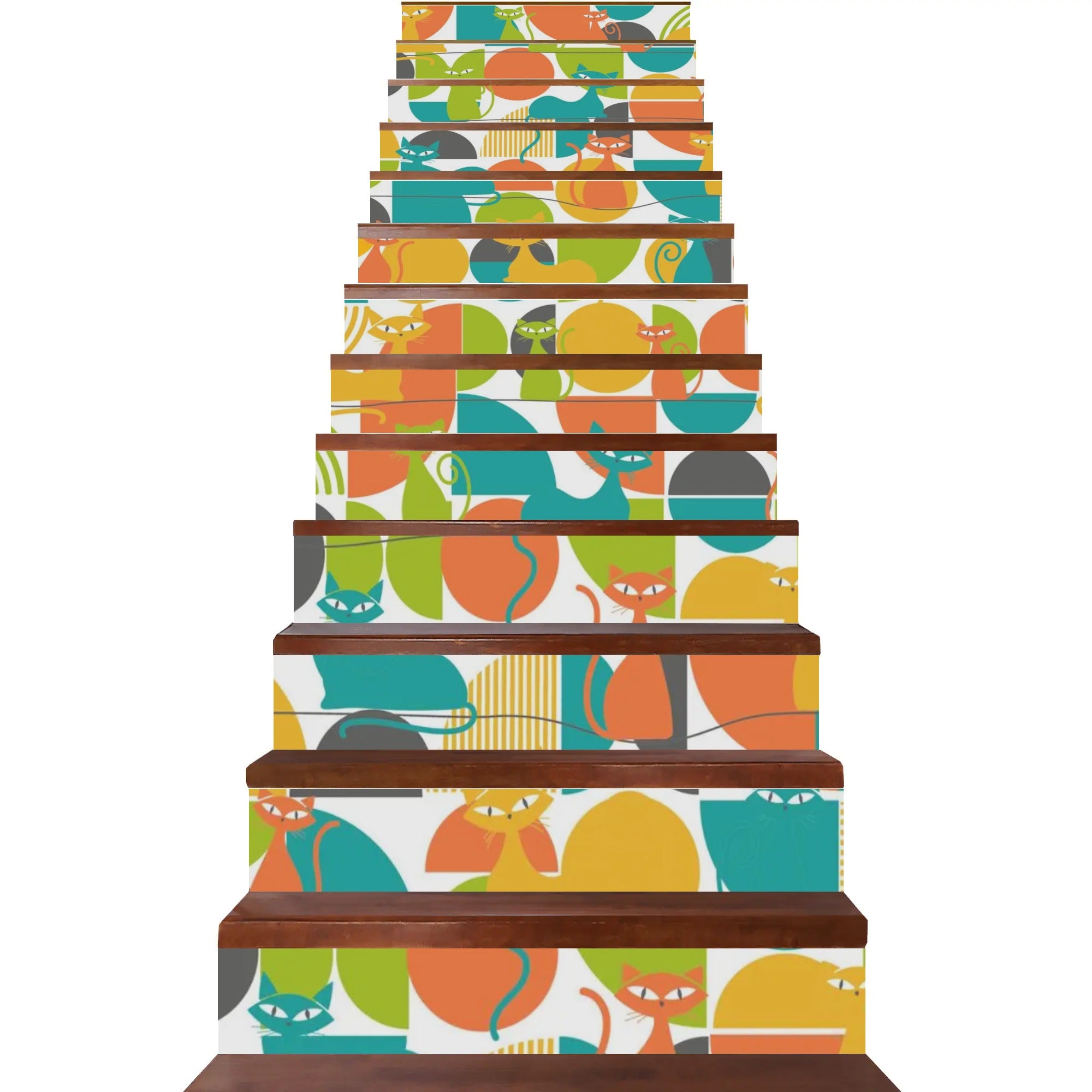 Atomic Cats, Mid Century Modern Orange, Teal, Green Kitschy Cheerful 13Pcs Stairs Stickers - Mid Century Modern Gal