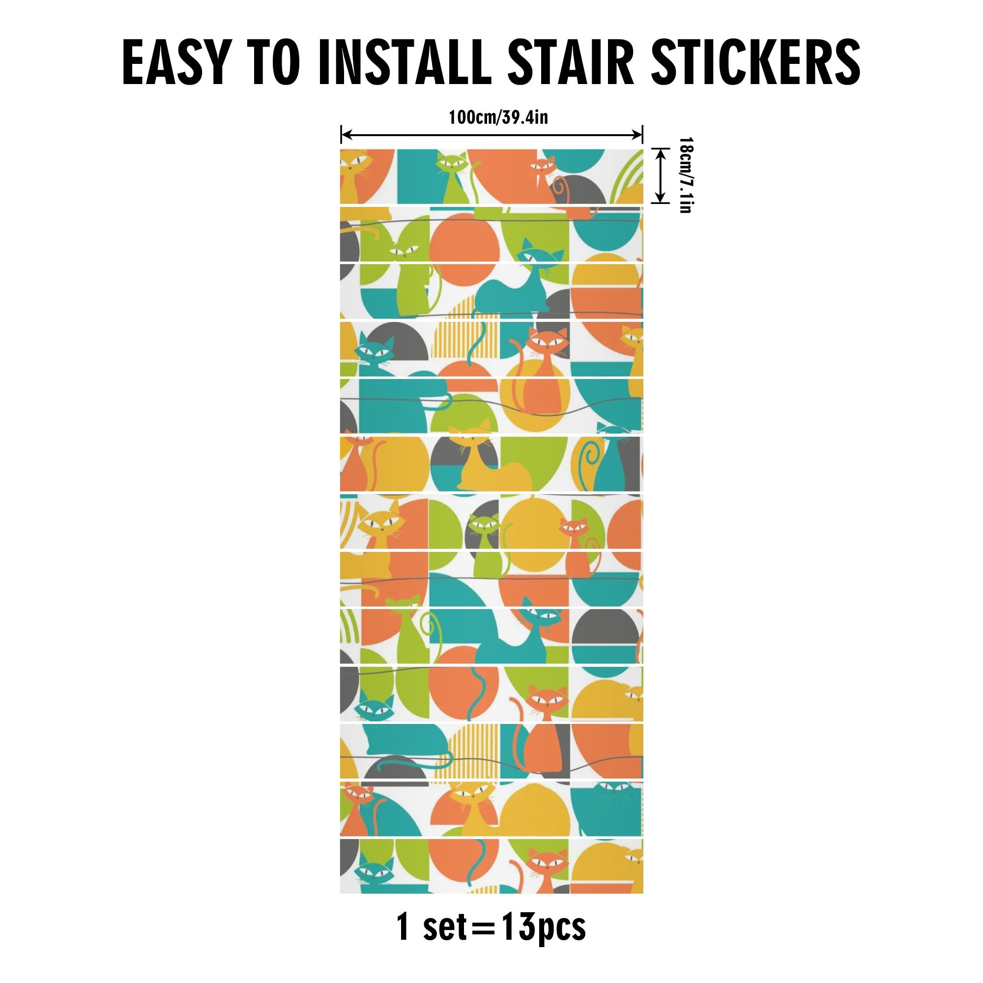 Atomic Cats, Mid Century Modern Orange, Teal, Green Kitschy Cheerful 13Pcs Stairs Stickers - Mid Century Modern Gal