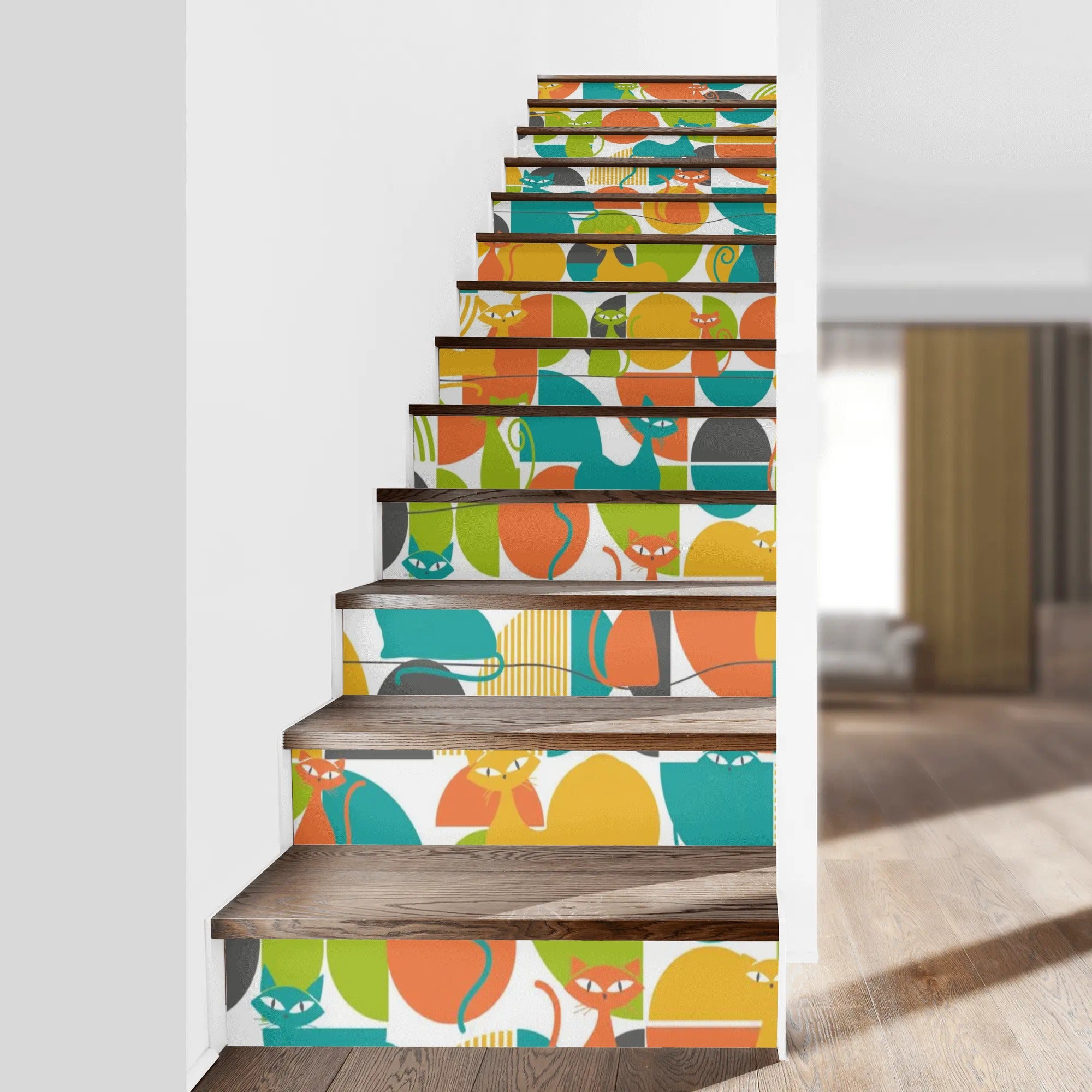 Atomic Cats, Mid Century Modern Orange, Teal, Green Kitschy Cheerful 13Pcs Stairs Stickers - Mid Century Modern Gal