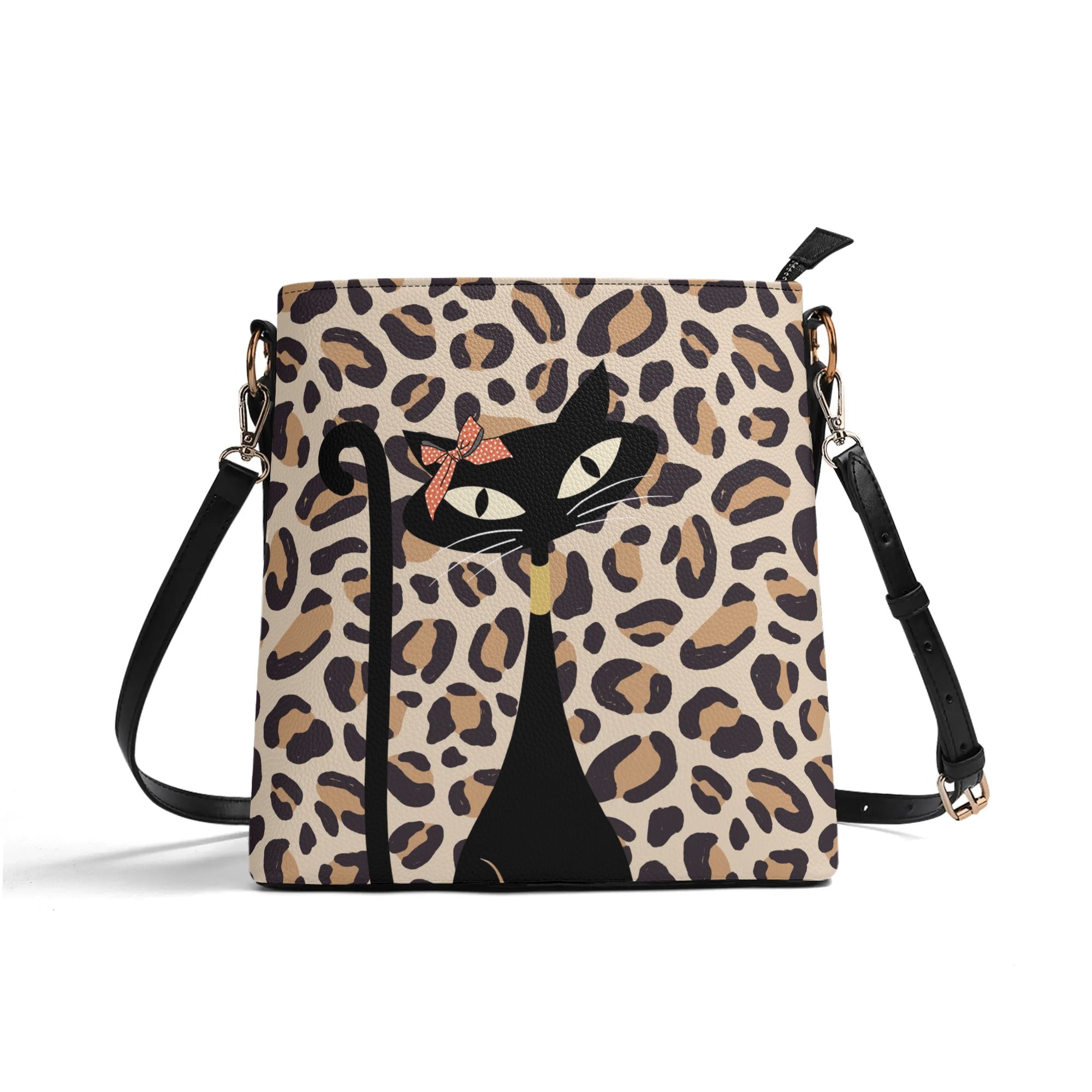 Atomic 50s Cat, Leopard Print Mid Mod Bucket Bag - Mid Century Modern Gal
