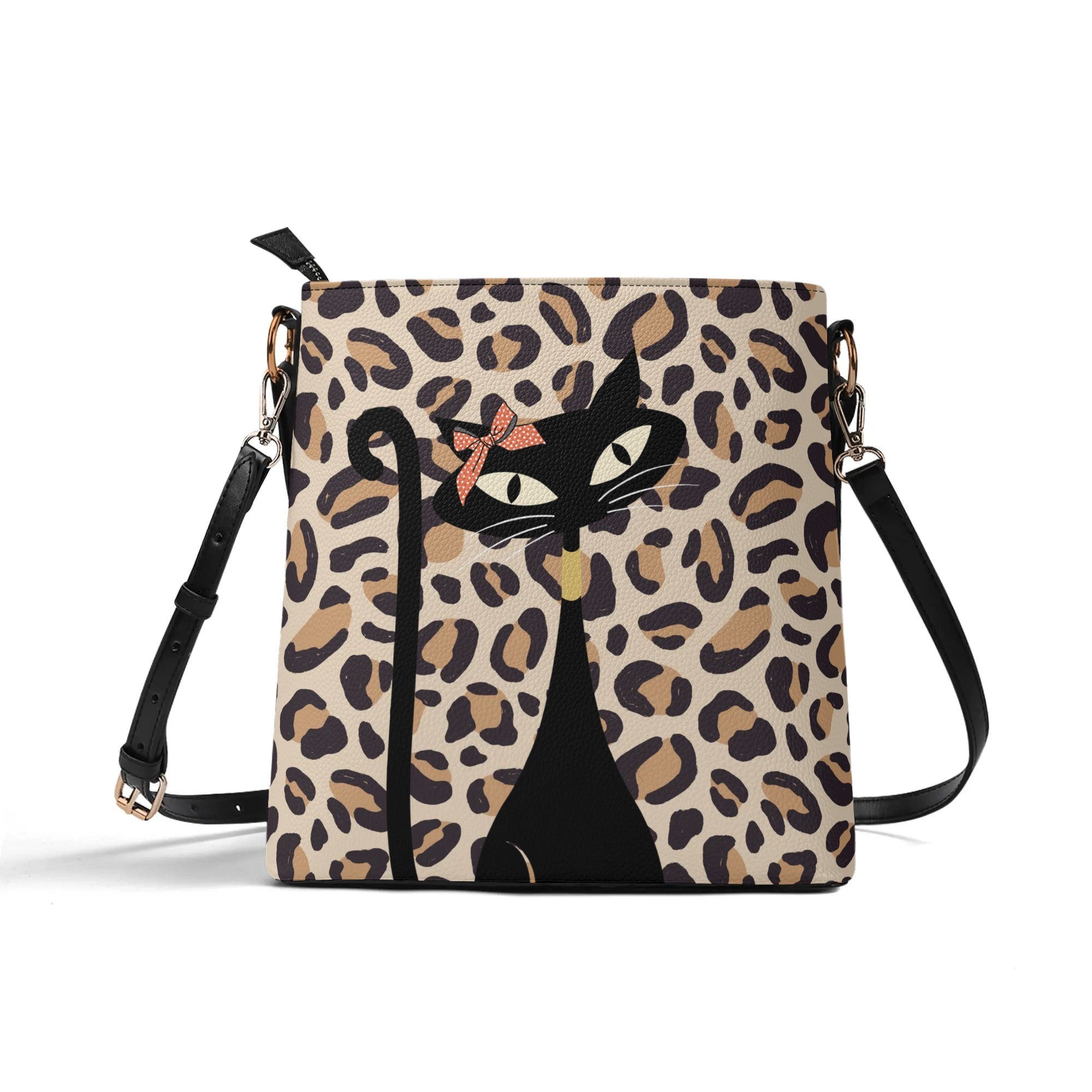 Atomic 50s Cat, Leopard Print Mid Mod Bucket Bag - Mid Century Modern Gal