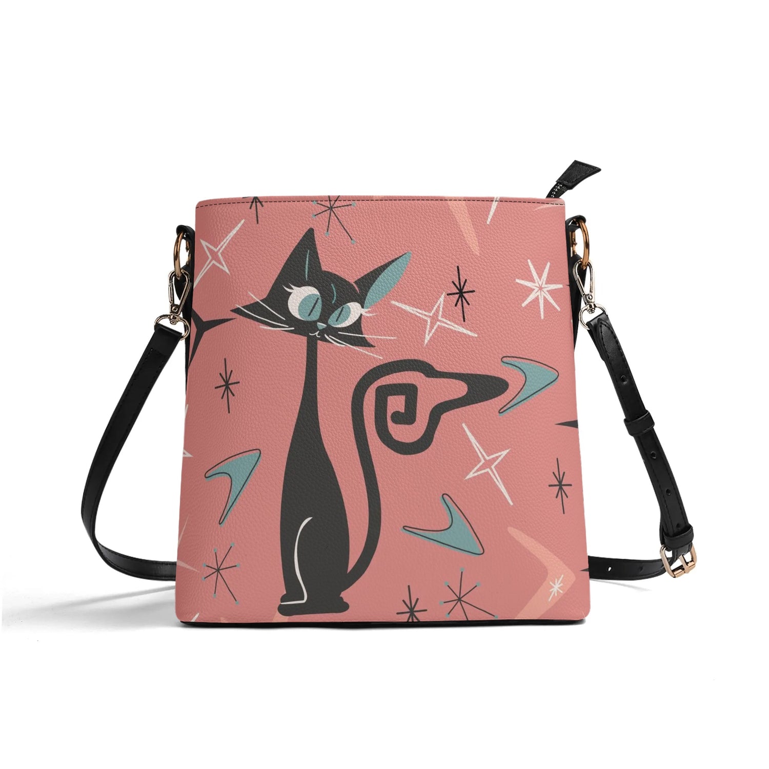 Mid Mod Atomic Cat Summer Coral, Kitschy Fun Trendy Bucket Bag - Mid Century Modern Gal