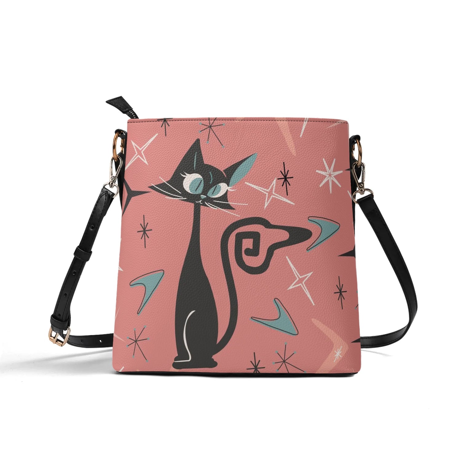 Mid Mod Atomic Cat Summer Coral, Kitschy Fun Trendy Bucket Bag - Mid Century Modern Gal