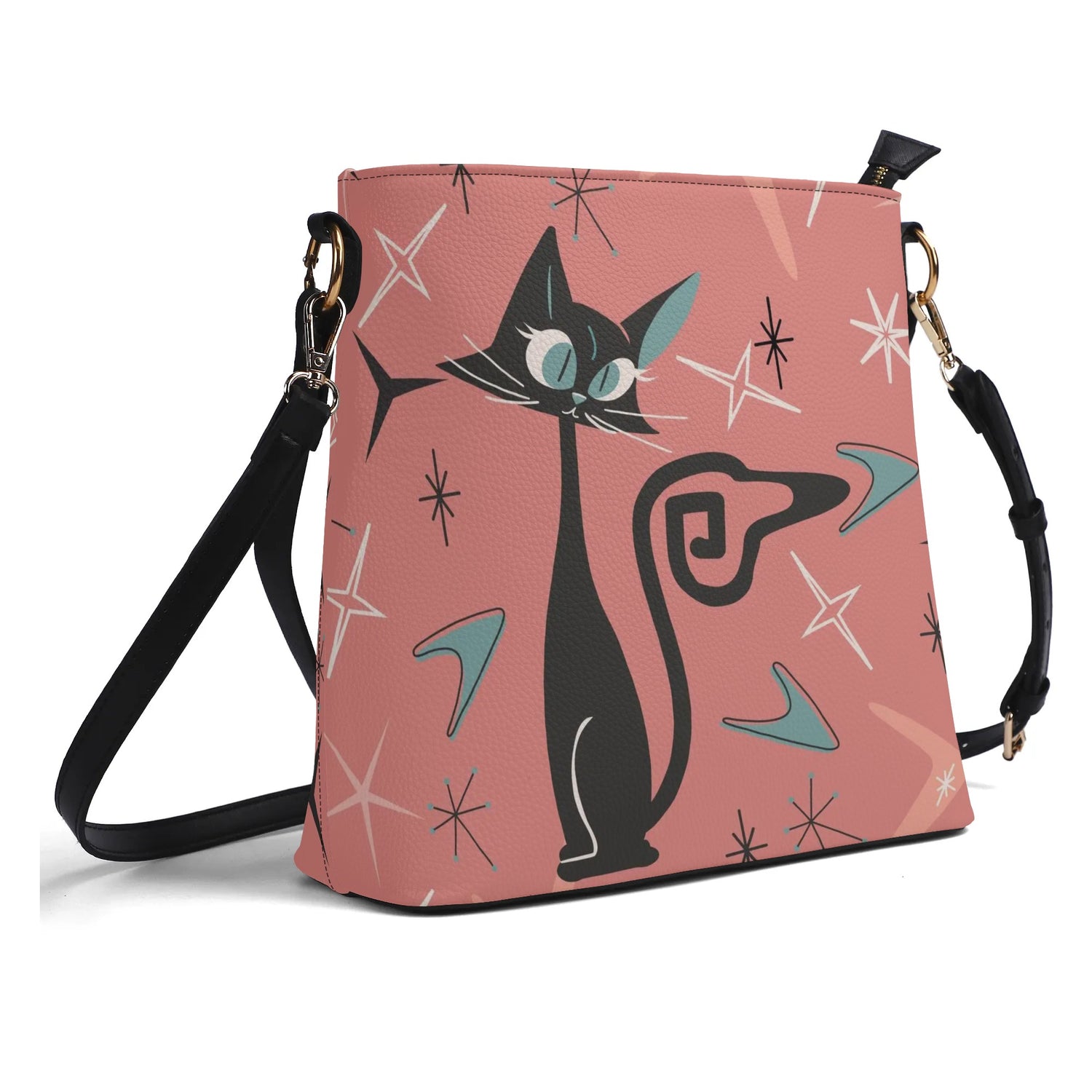 Mid Mod Atomic Cat Summer Coral, Kitschy Fun Trendy Bucket Bag - Mid Century Modern Gal