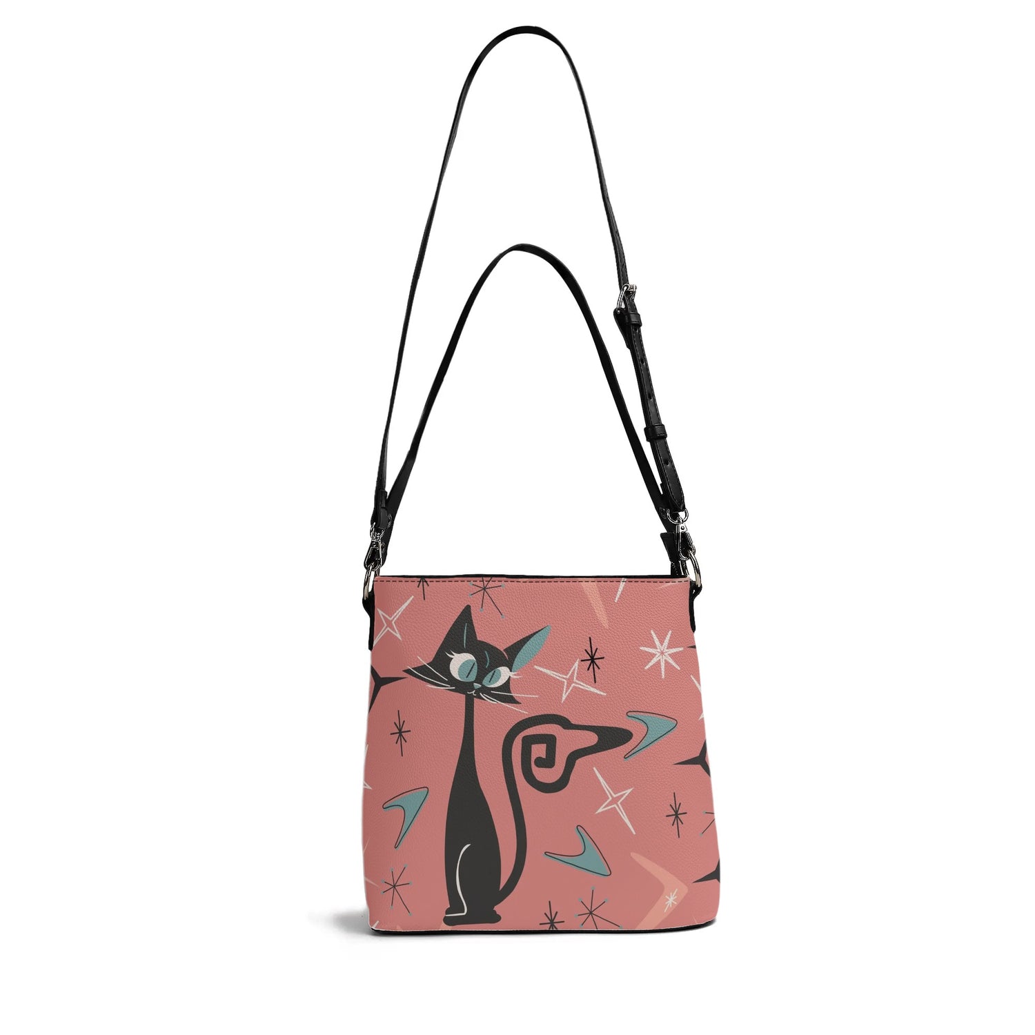 Mid Mod Atomic Cat Summer Coral, Kitschy Fun Trendy Bucket Bag - Mid Century Modern Gal