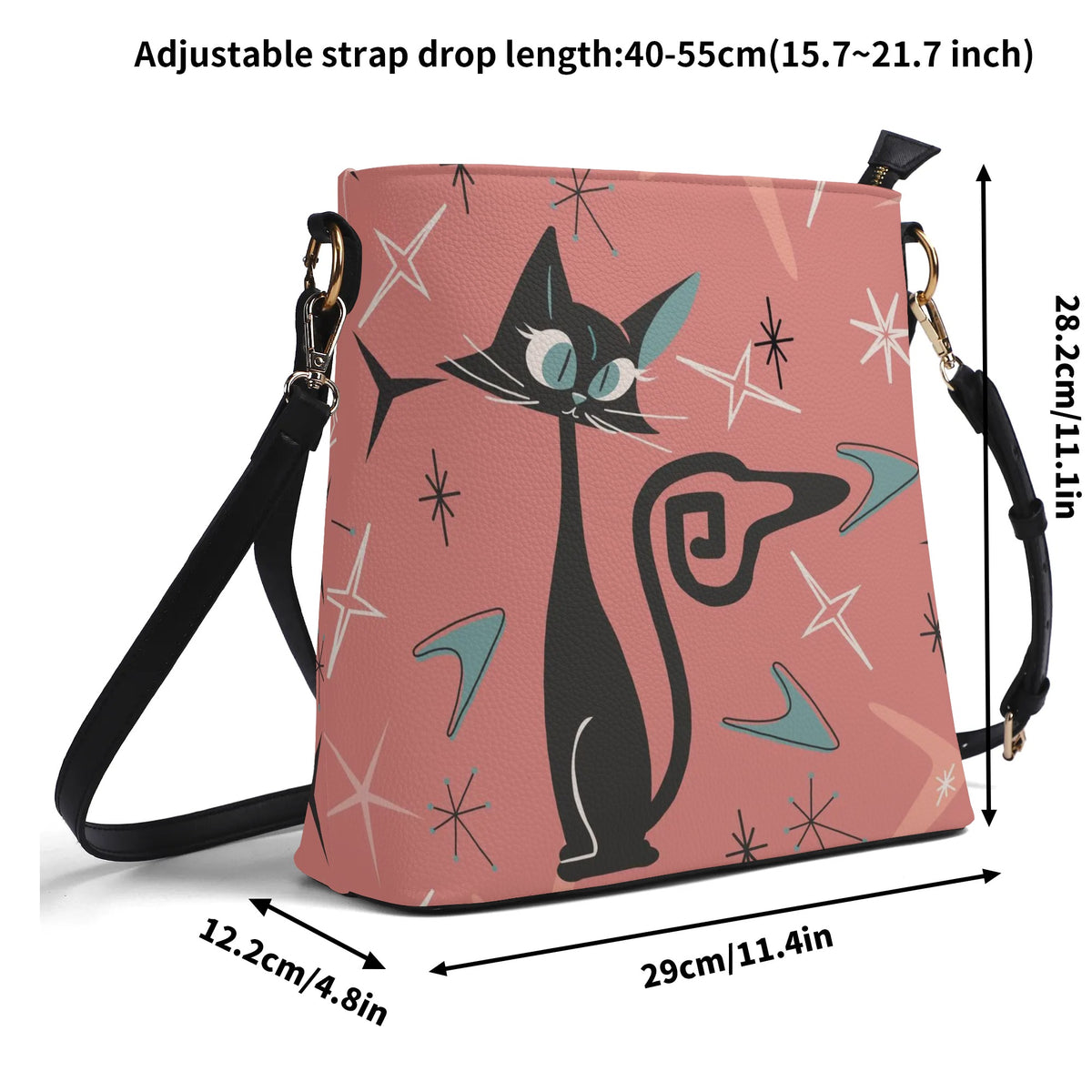 Mid Mod Atomic Cat Summer Coral, Kitschy Fun Trendy Bucket Bag - Mid Century Modern Gal