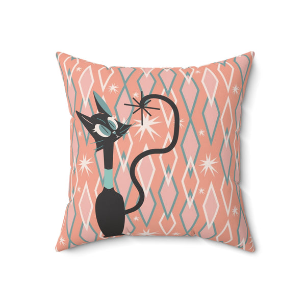 Atomic Cat, Quirky Kitsch Mid Century Modern Diamond Pattern Pillow And Insert