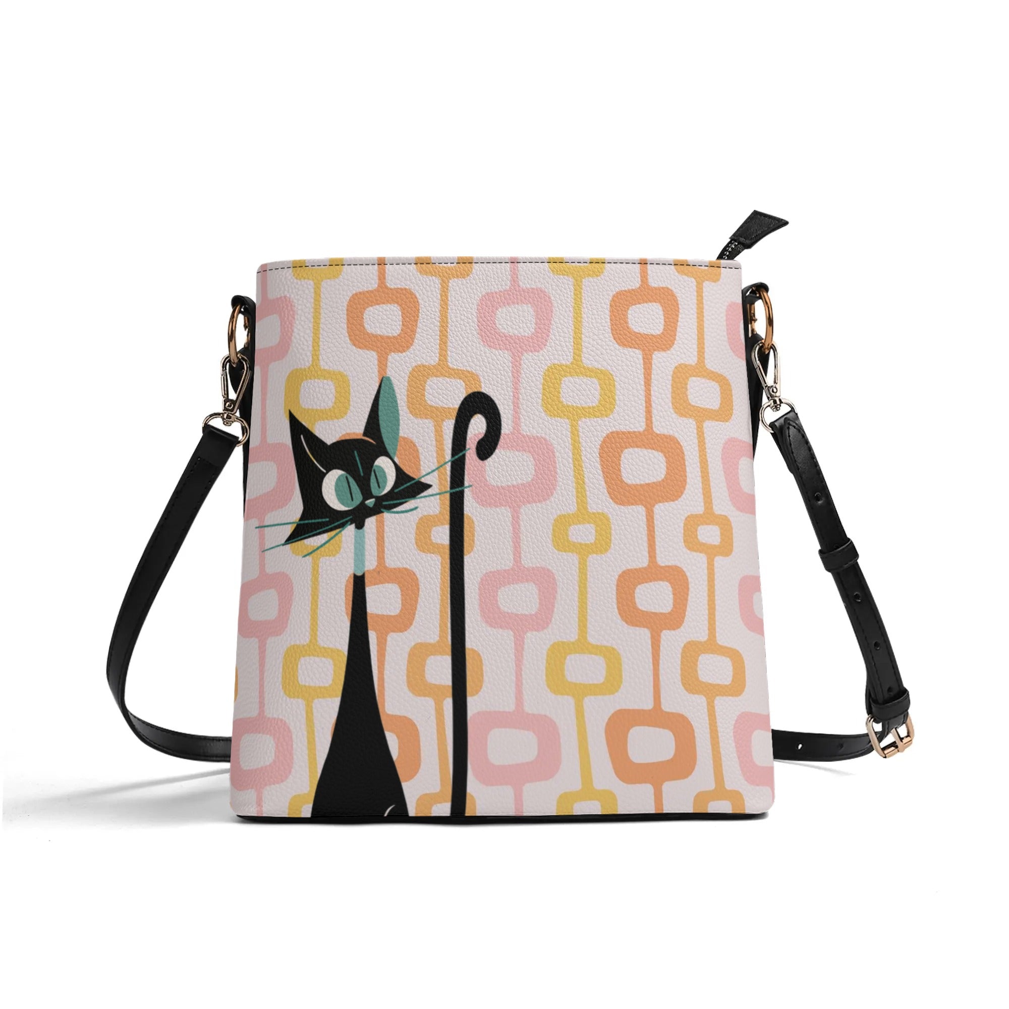 Atomic Cat, Summer Pink, Orange, Yellow Bucket Bag, Kitschy Mid Mod Fun Everyday Purse By Mid Century Modern Gal - Mid Century Modern Gal