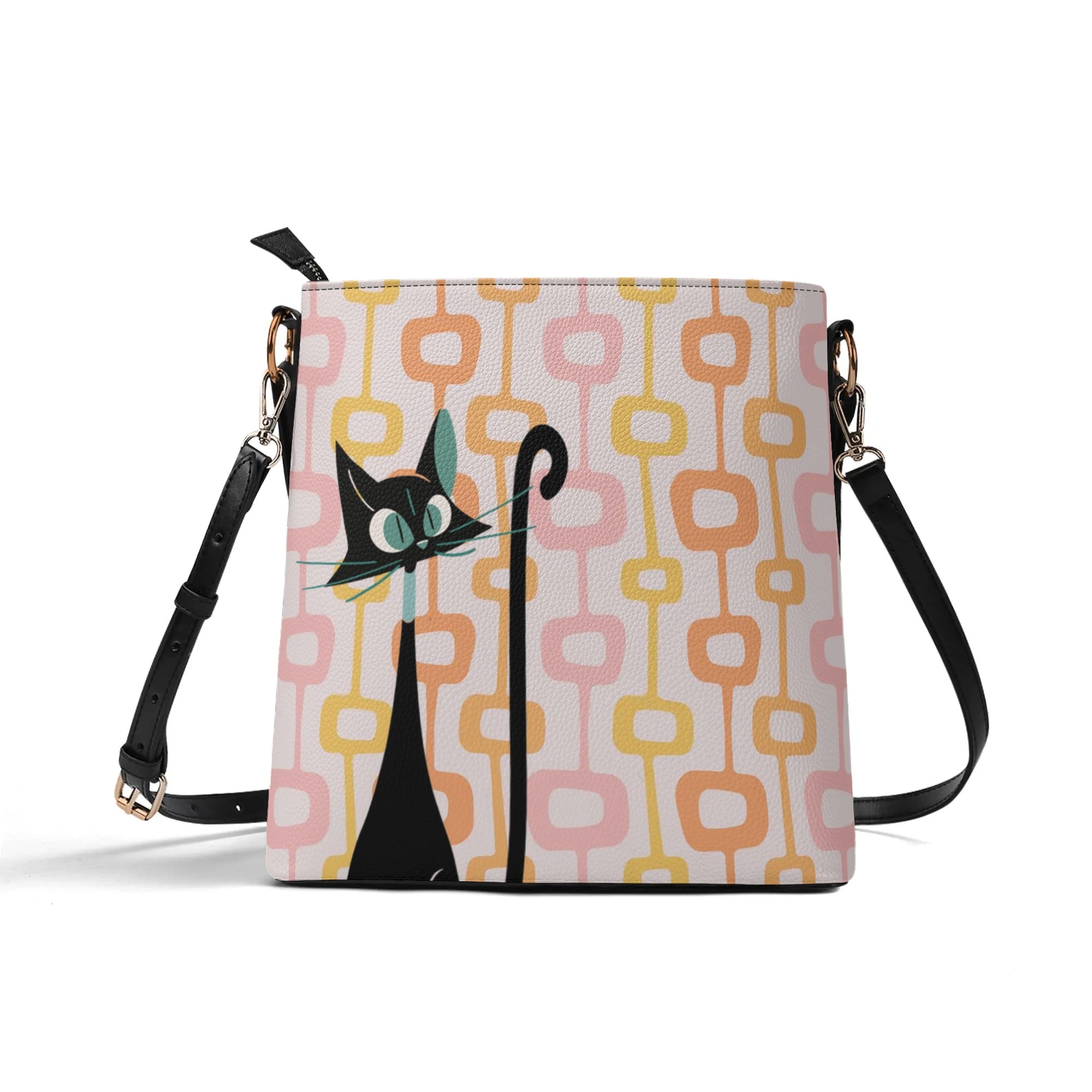 Atomic Cat, Summer Pink, Orange, Yellow Bucket Bag, Kitschy Mid Mod Fun Everyday Purse By Mid Century Modern Gal - Mid Century Modern Gal