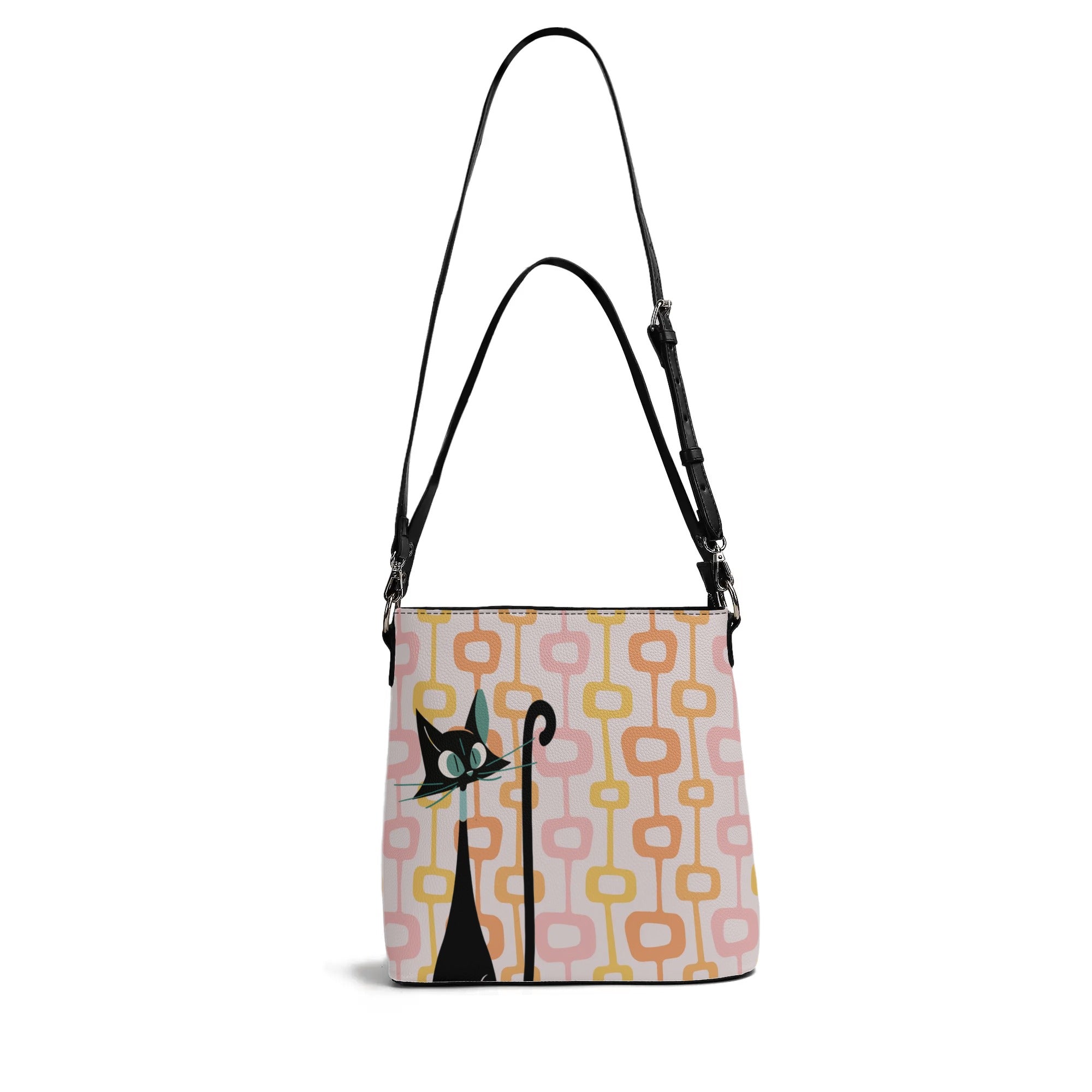 Atomic Cat, Summer Pink, Orange, Yellow Bucket Bag, Kitschy Mid Mod Fun Everyday Purse By Mid Century Modern Gal - Mid Century Modern Gal