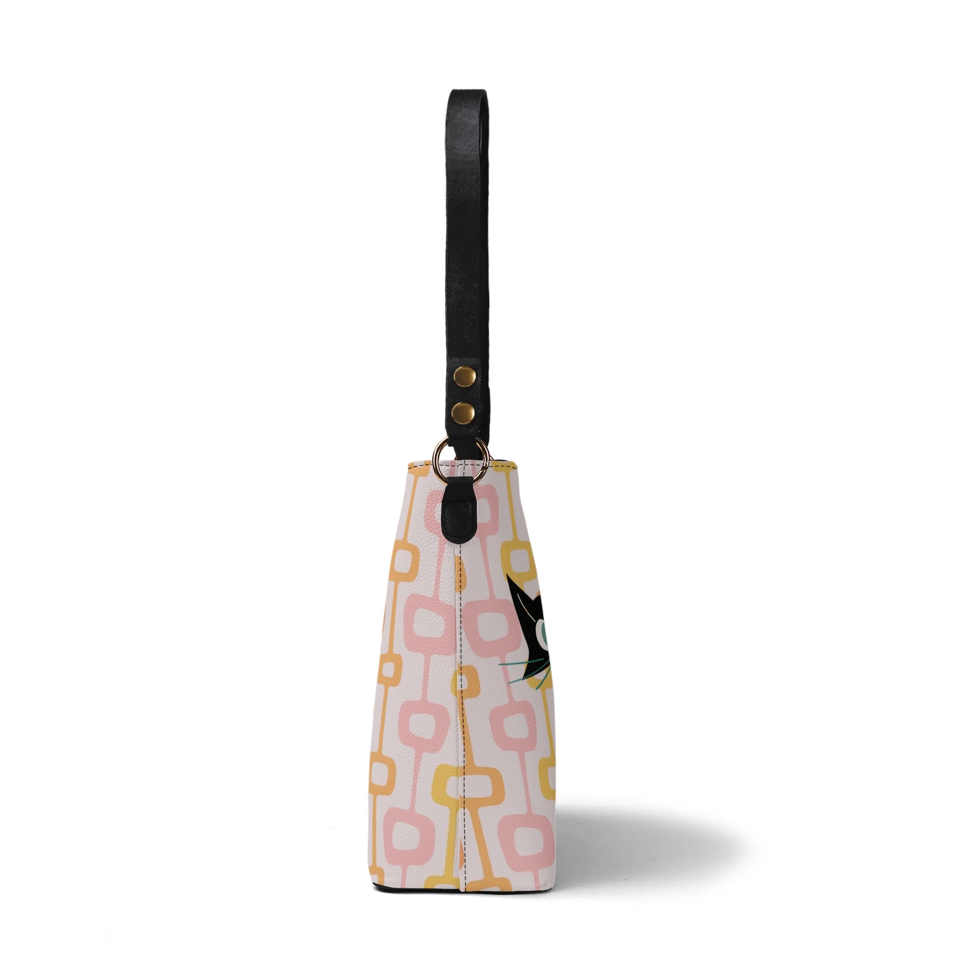 Atomic Cat, Summer Pink, Orange, Yellow Bucket Bag, Kitschy Mid Mod Fun Everyday Purse By Mid Century Modern Gal - Mid Century Modern Gal