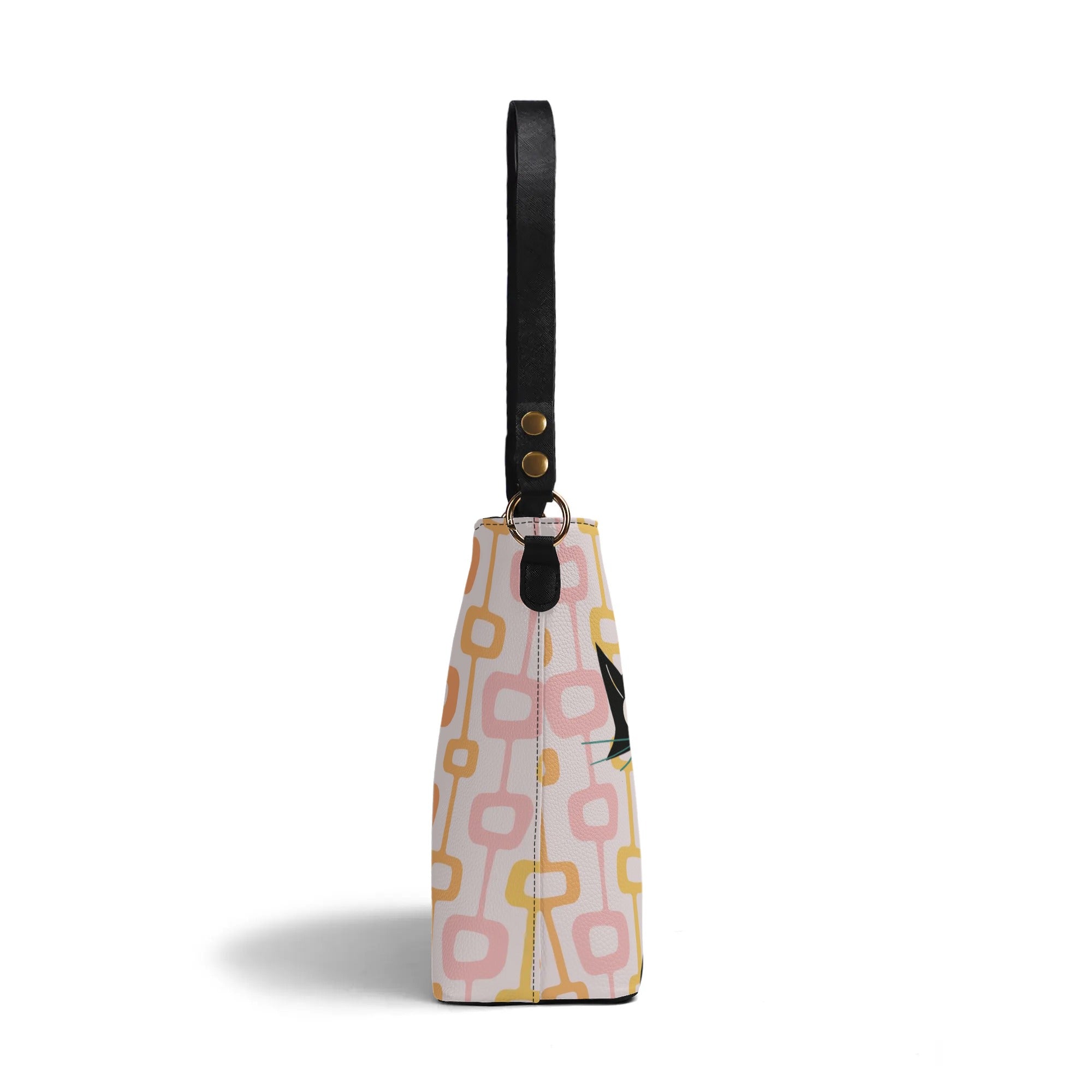 Atomic Cat, Summer Pink, Orange, Yellow Bucket Bag, Kitschy Mid Mod Fun Everyday Purse By Mid Century Modern Gal - Mid Century Modern Gal