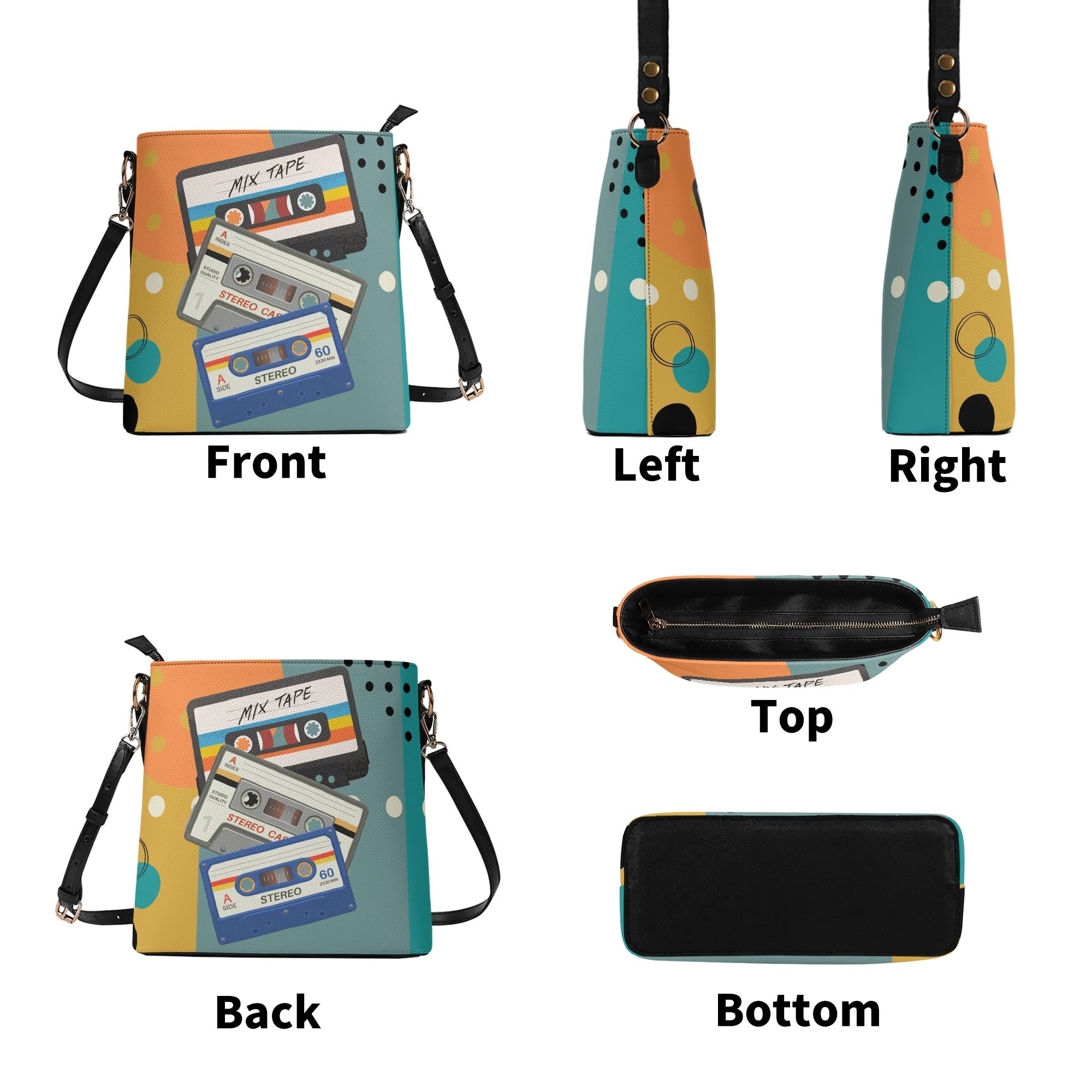 Retro Cassette, Mid Mod Funky Fun Womens Bucket Bag Shoulder Bag - Mid Century Modern Gal