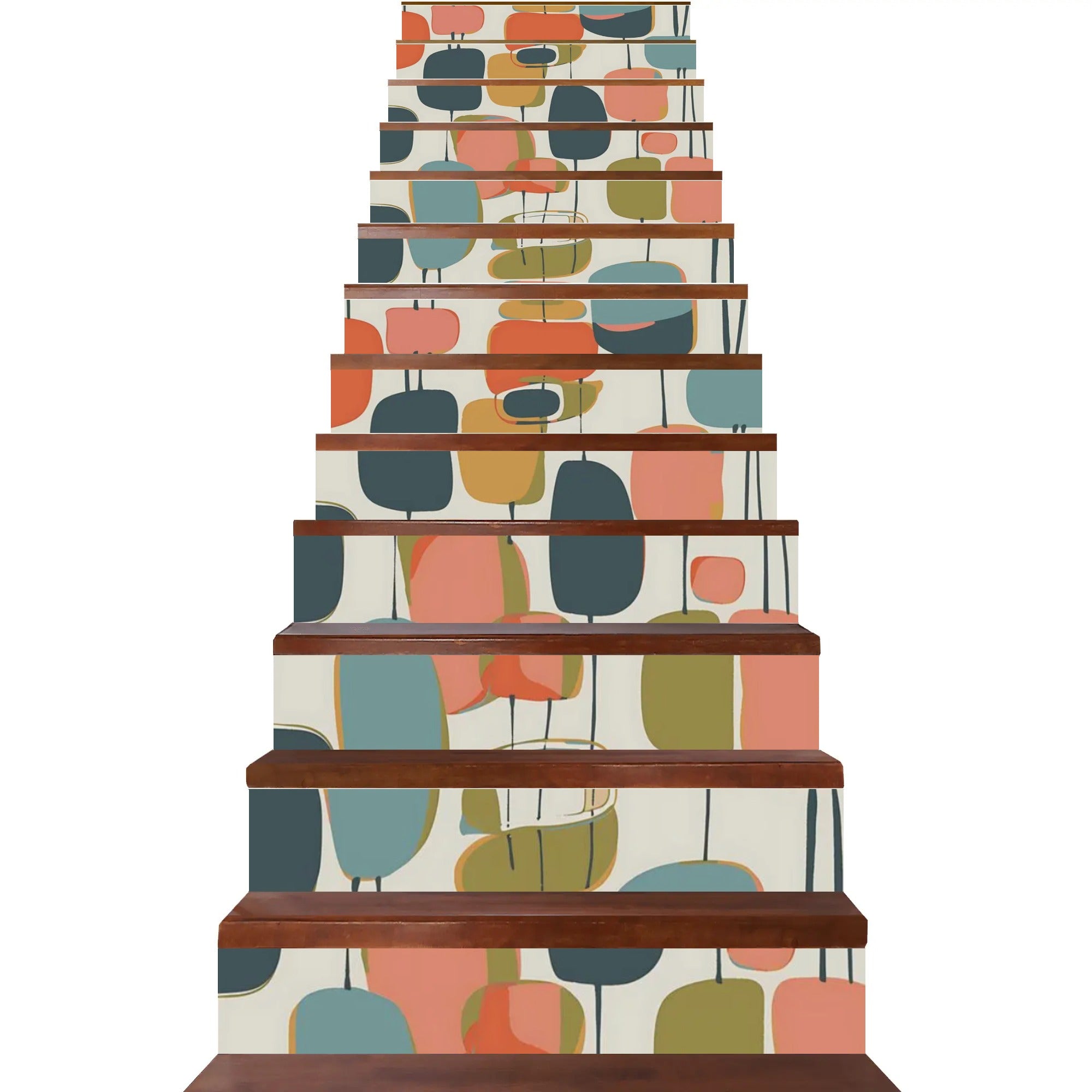 Mid Century Modern Peel And Stick Stair Risers In Geometric Shapes, Abstracts Colorful Retro Stairs Stickers - Mid Century Modern Gal