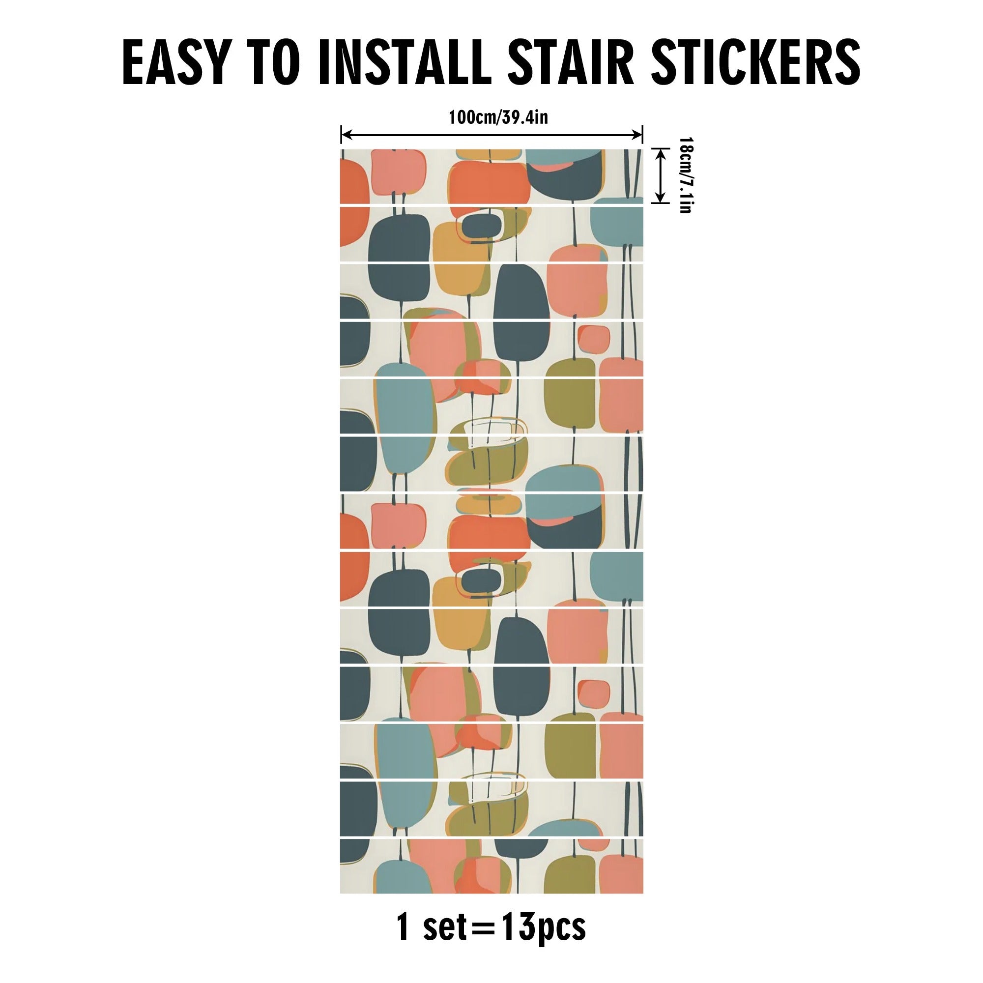Mid Century Modern Peel And Stick Stair Risers In Geometric Shapes, Abstracts Colorful Retro Stairs Stickers - Mid Century Modern Gal