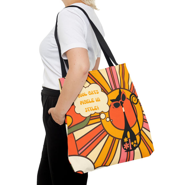 Pickleball Player Lover Tote Bag, Retro Groovy Mod Cat